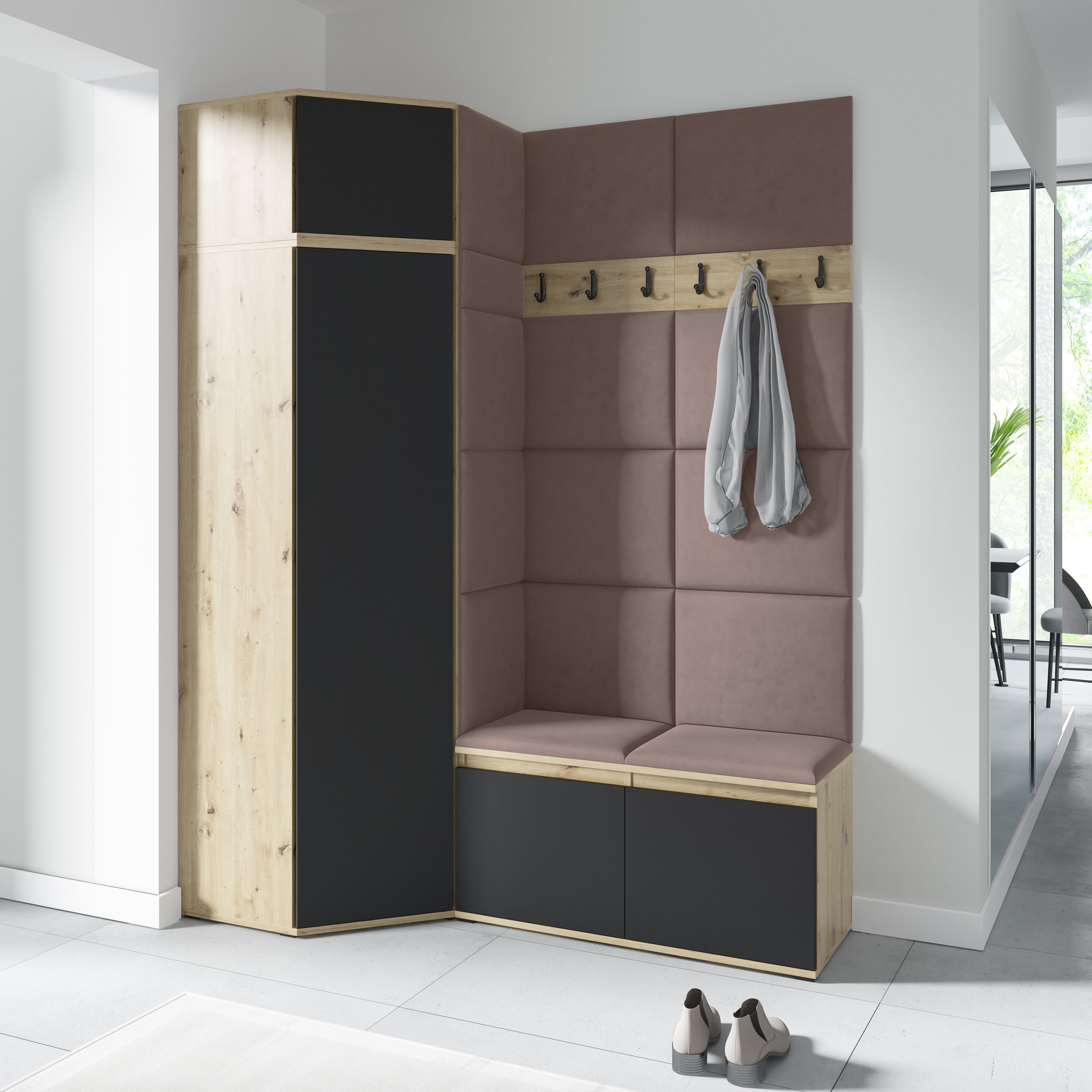 PK Emi 37 Hallway Wardrobe Aristan Oak\Black- Upholstered Panels in Various Colours