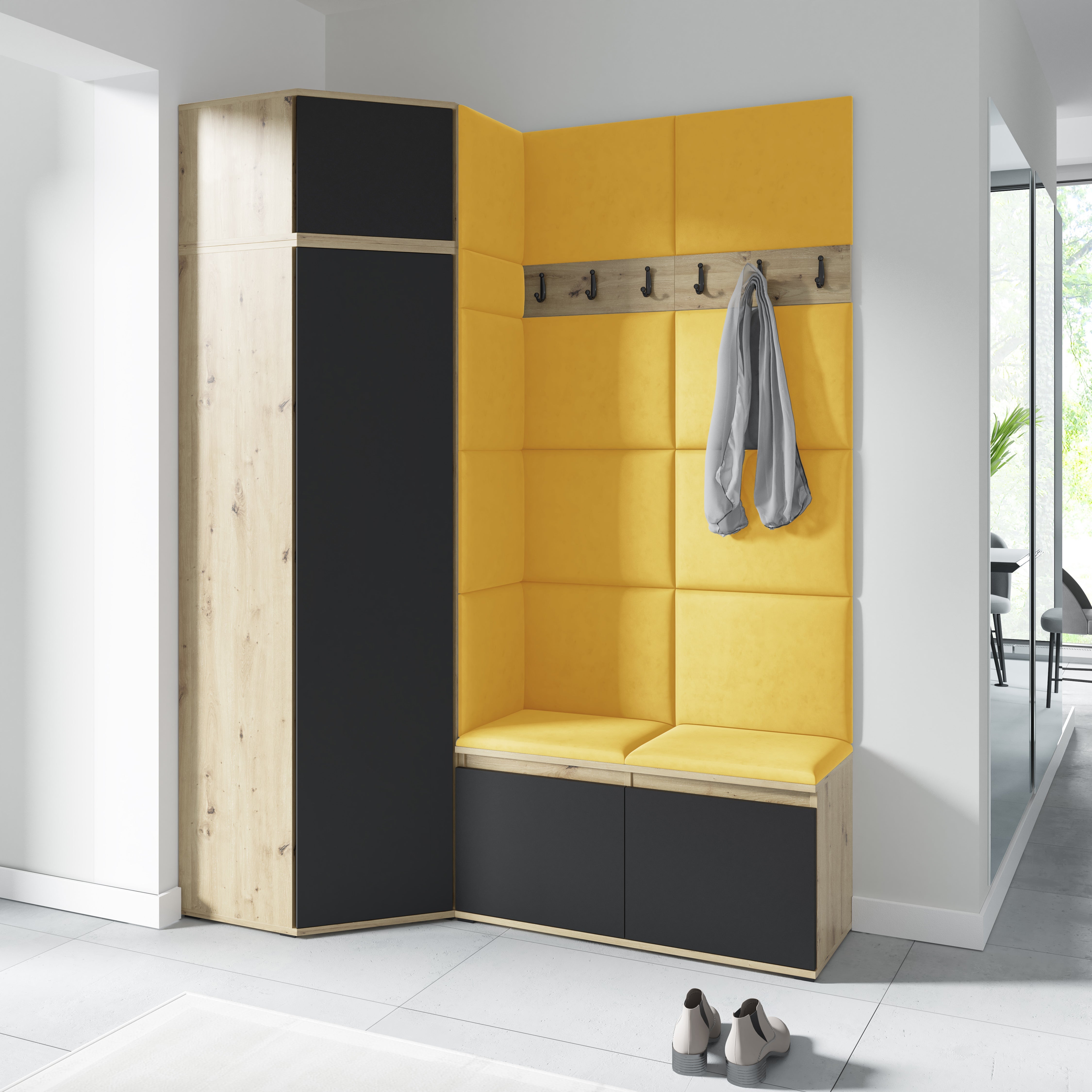 PK Emi 37 Hallway Wardrobe Aristan Oak\Black- Upholstered Panels in Various Colours