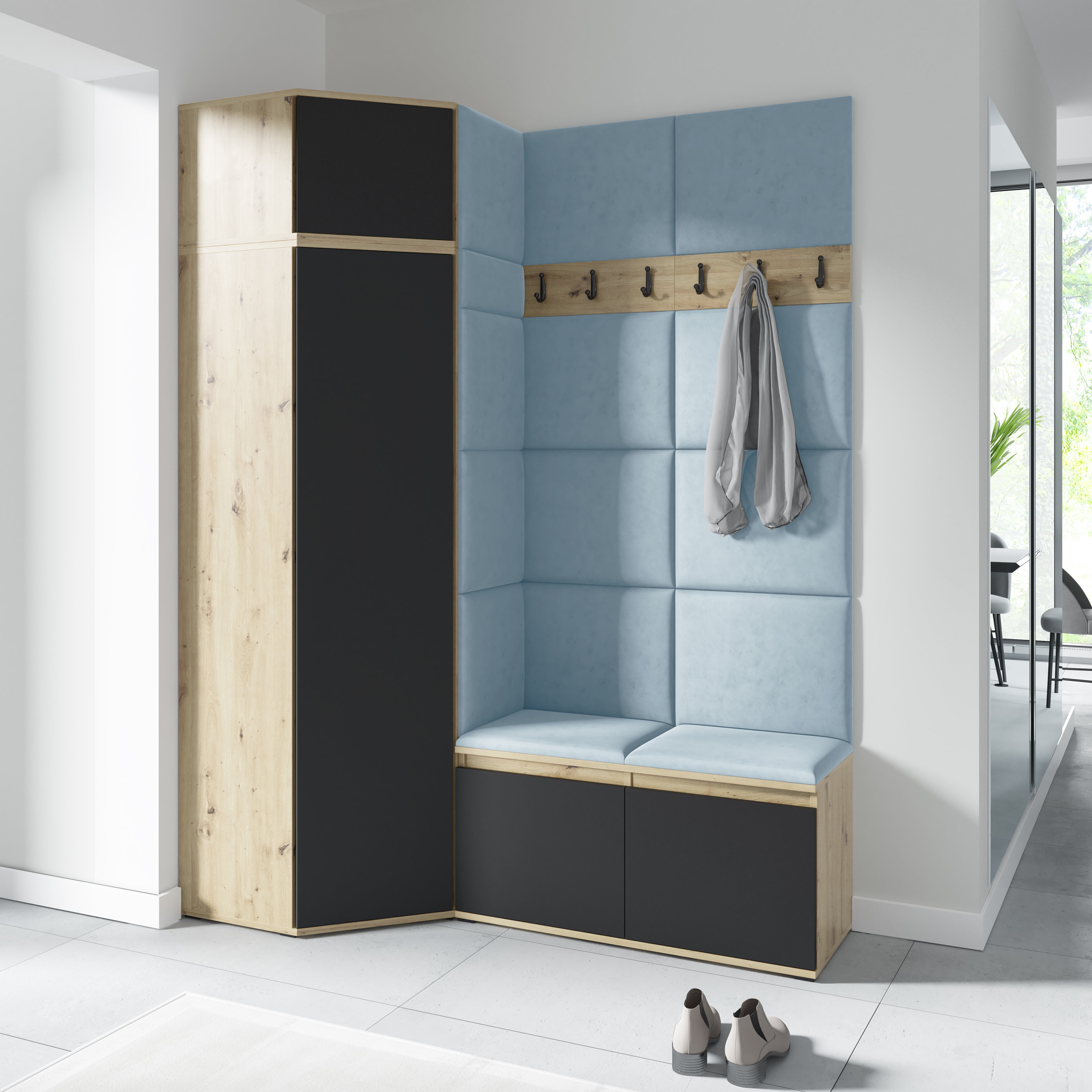 PK Emi 37 Hallway Wardrobe Aristan Oak\Black- Upholstered Panels in Various Colours