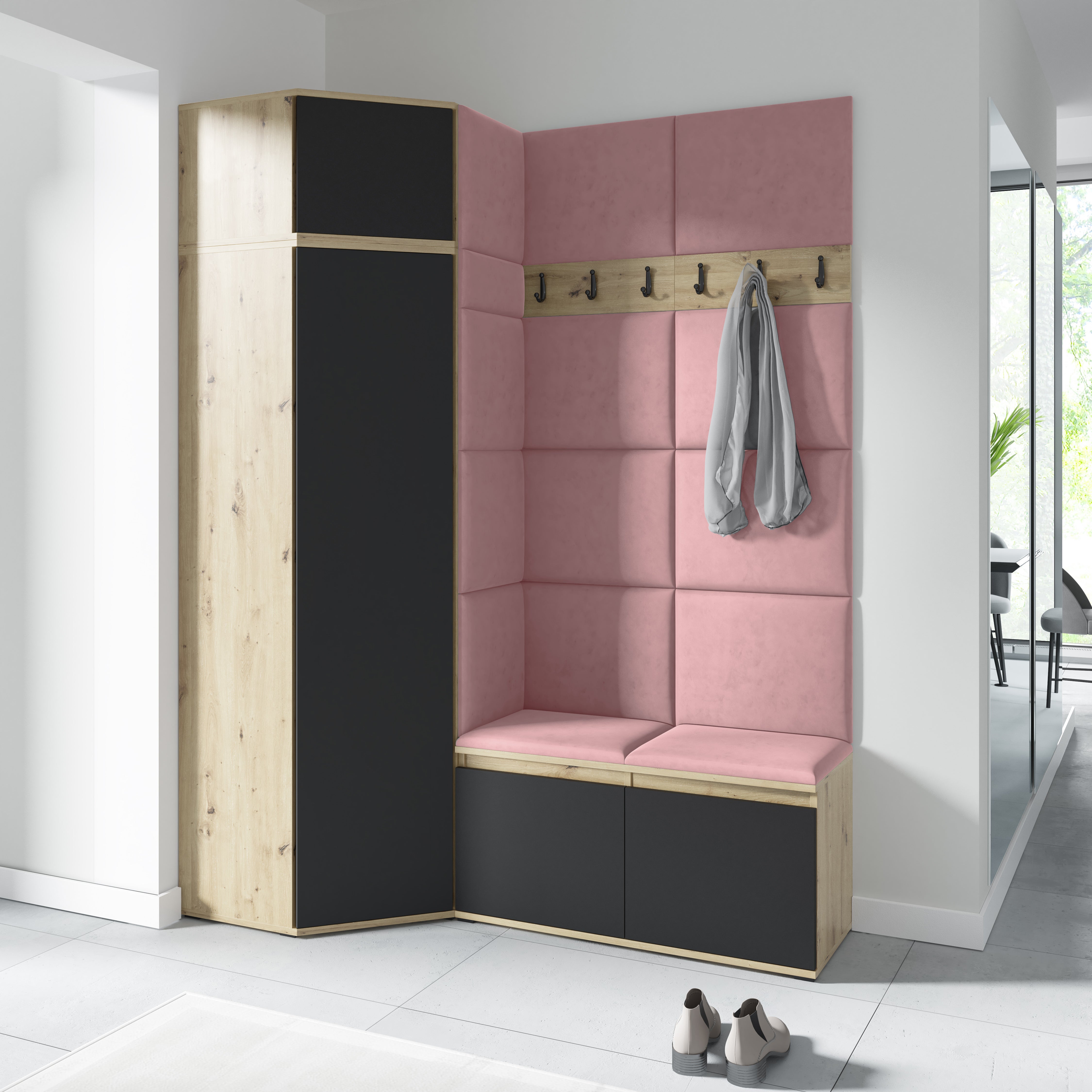 PK Emi 37 Hallway Wardrobe Aristan Oak\Black- Upholstered Panels in Various Colours