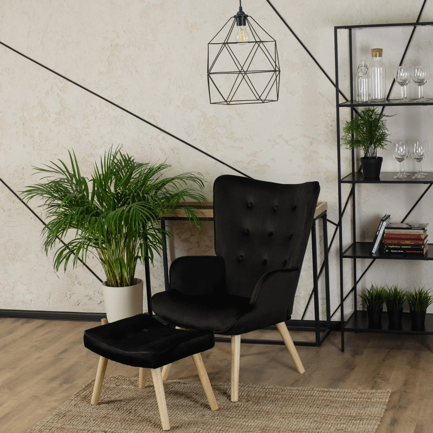 Elite LOZANO Black Velvet Armchair with Footstool