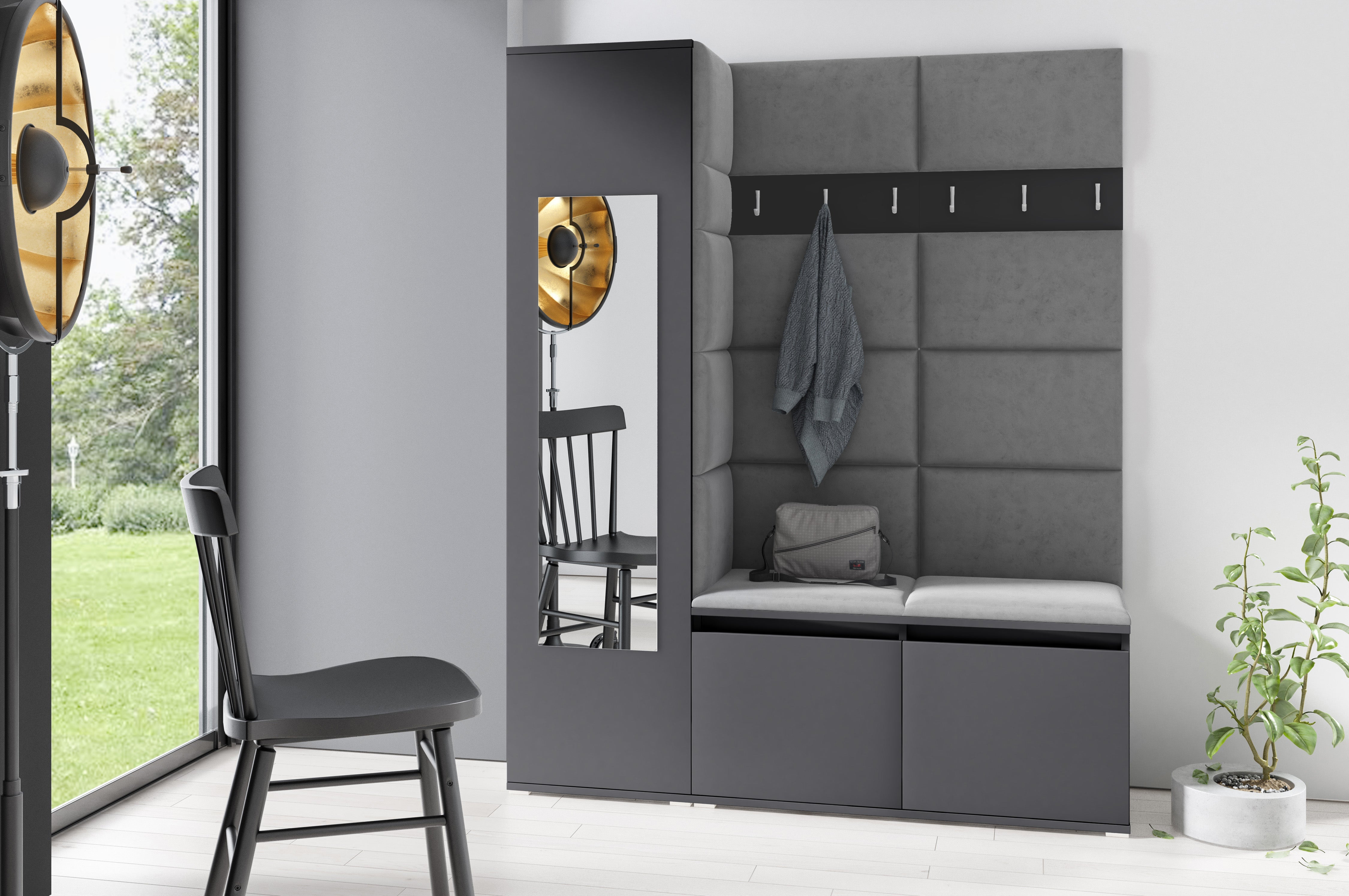 PK Emi 14 Hallway Wardrobe Graphite - Upholstered Panels in Various Colours