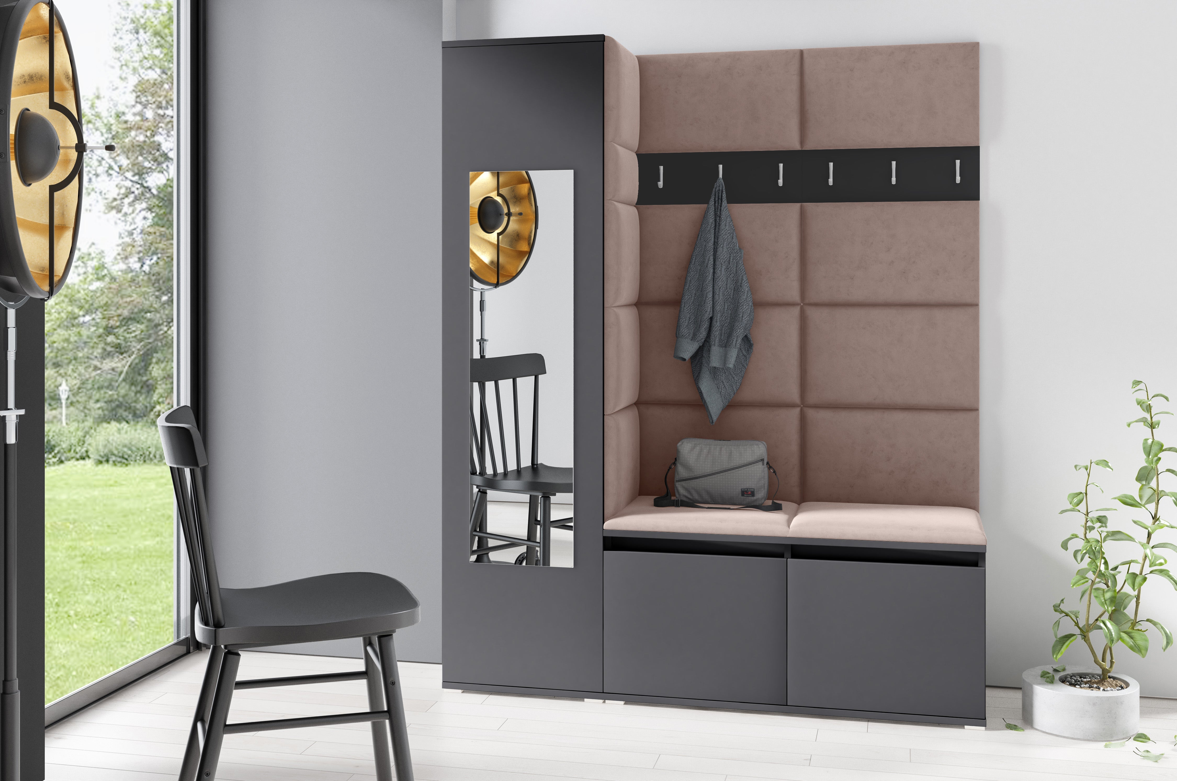 PK Emi 14 Hallway Wardrobe Graphite - Upholstered Panels in Various Colours