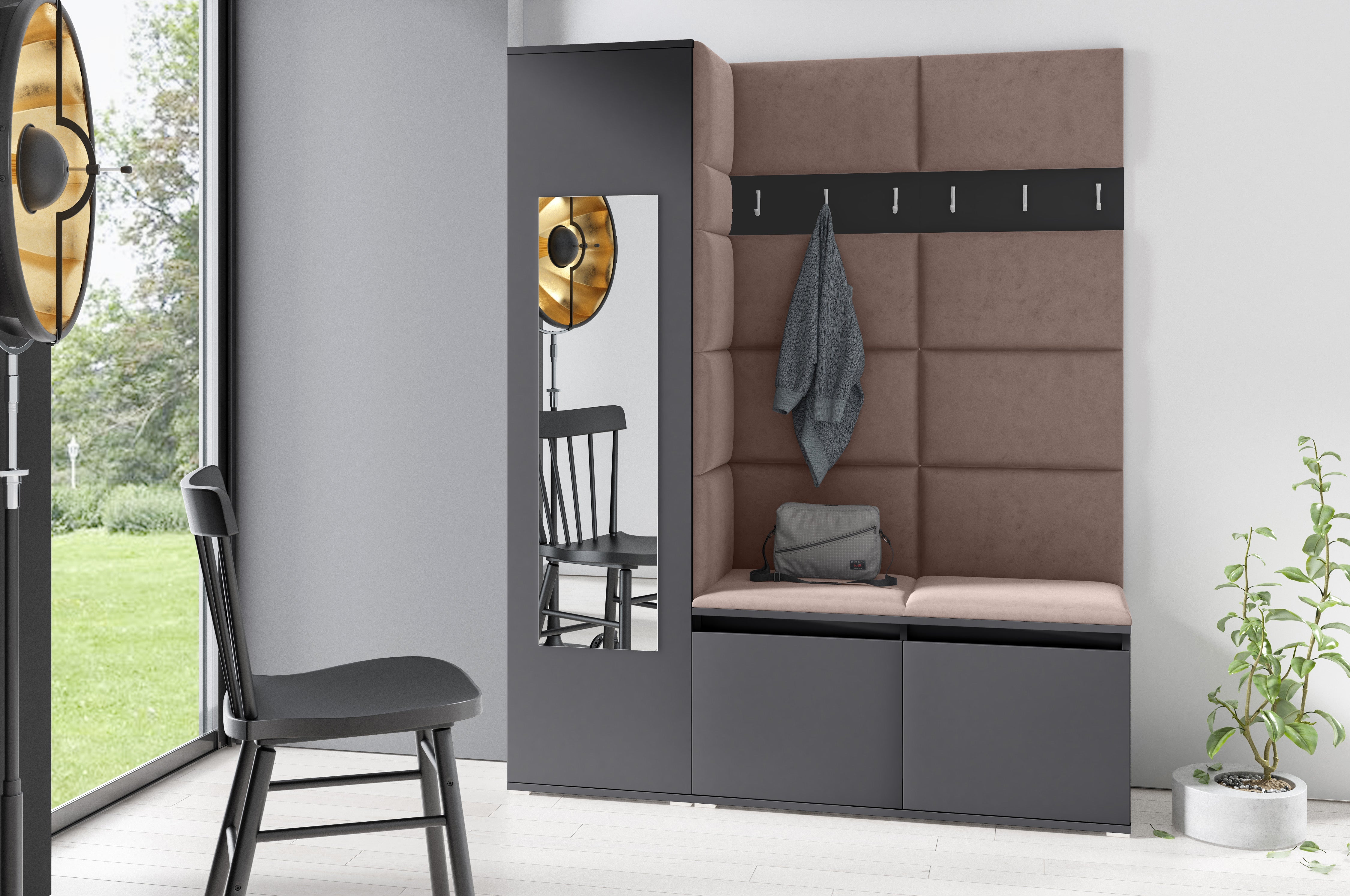 PK Emi 14 Hallway Wardrobe Graphite - Upholstered Panels in Various Colours