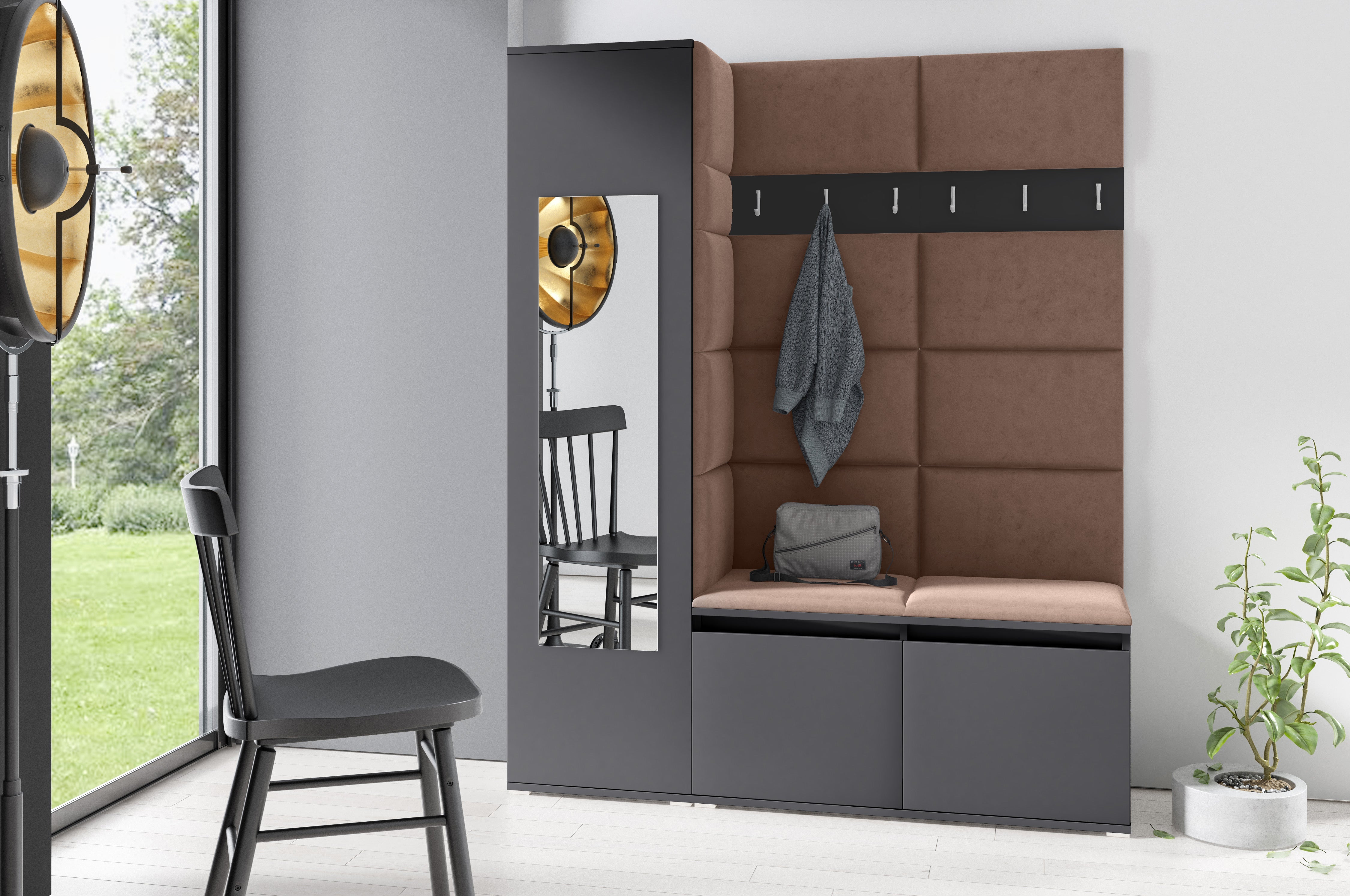 PK Emi 14 Hallway Wardrobe Graphite - Upholstered Panels in Various Colours