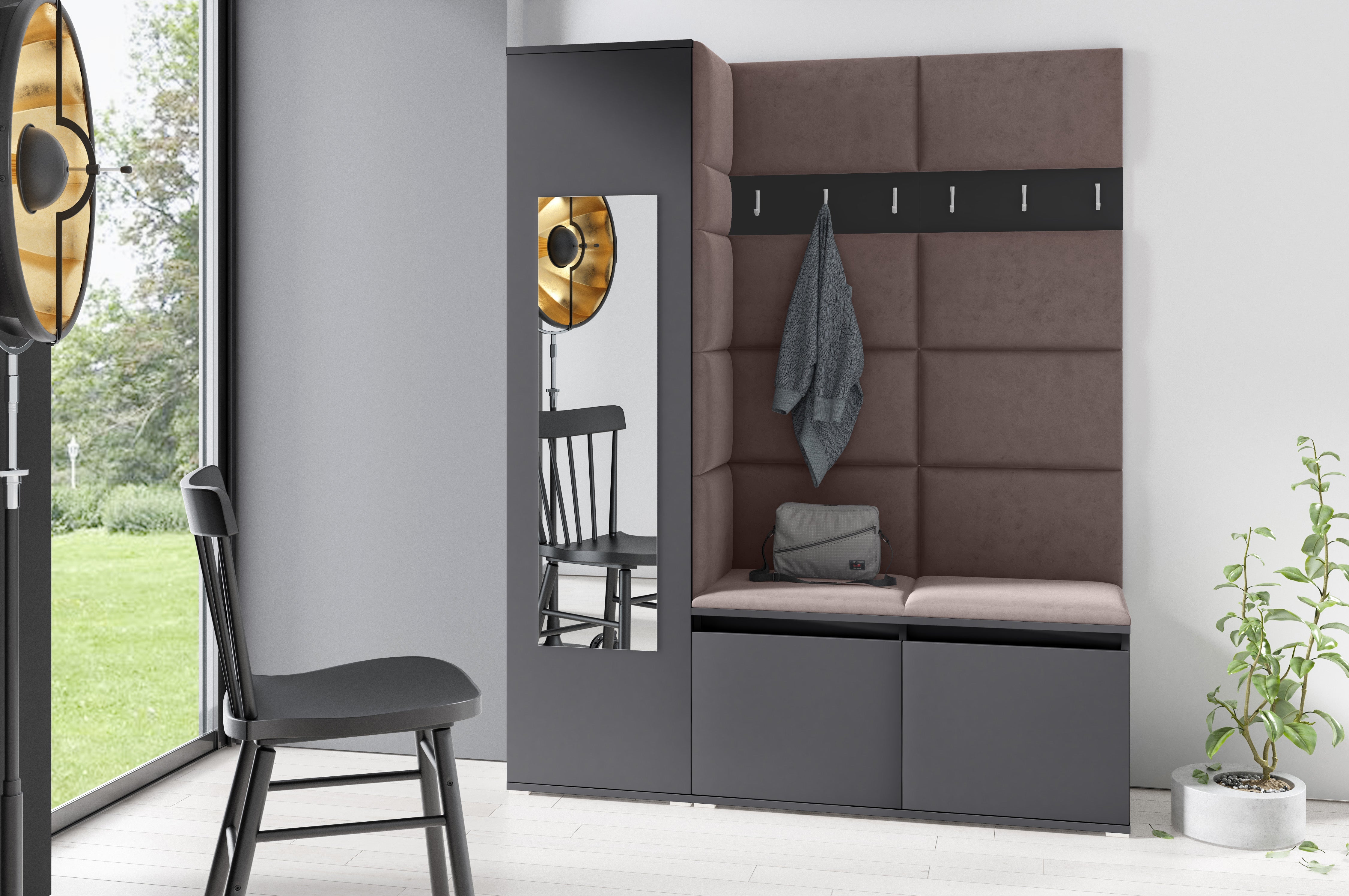 PK Emi 14 Hallway Wardrobe Graphite - Upholstered Panels in Various Colours