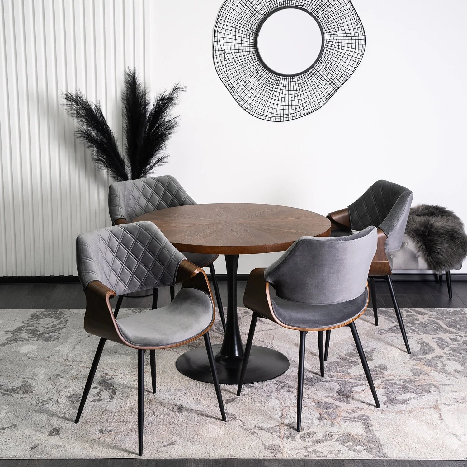 Elite DAKOTA Grau/Walnuss Veloursstuhl – Eine Mischung aus moderner und klassischer Eleganz
