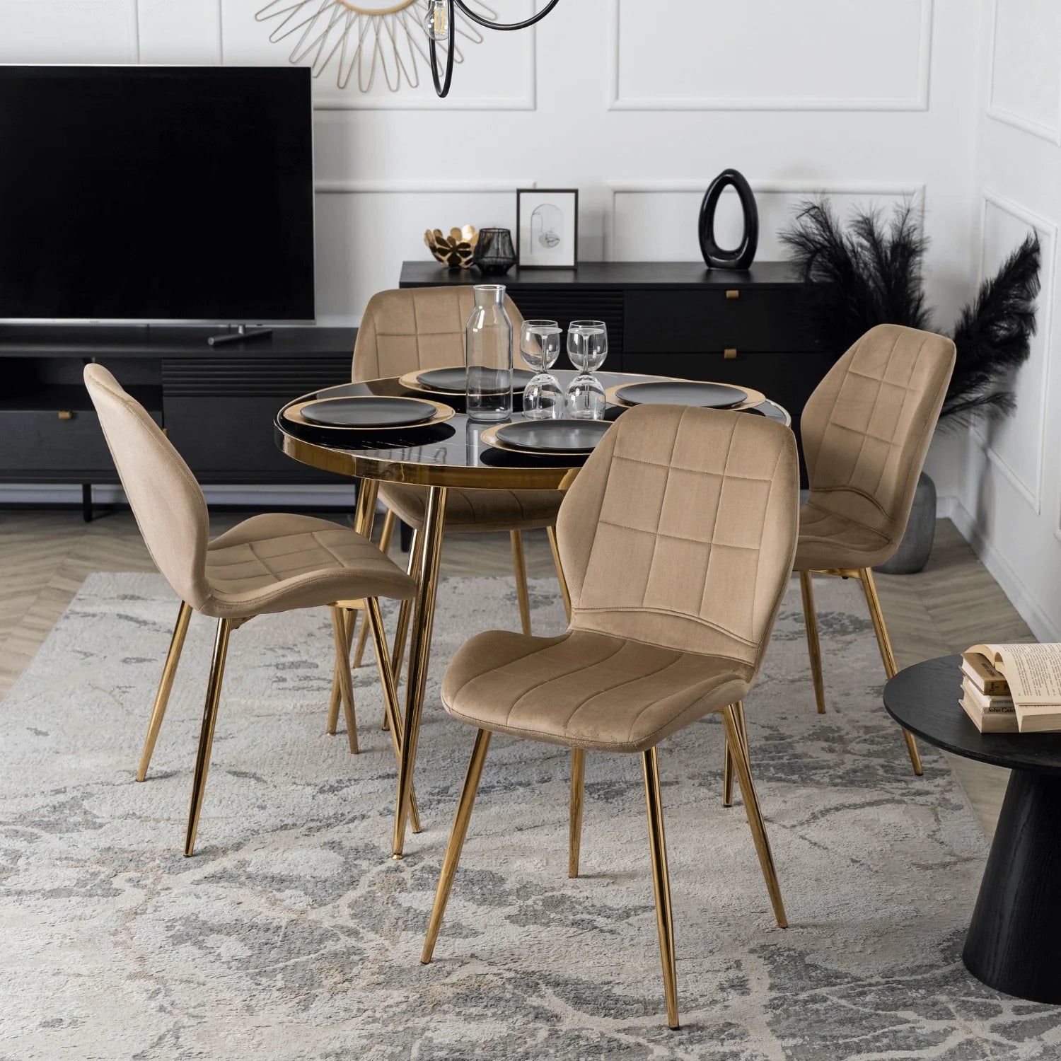 Elite IRYS Beige Velour Chair with Gold Legs – A Statement of Elegance and Comfort