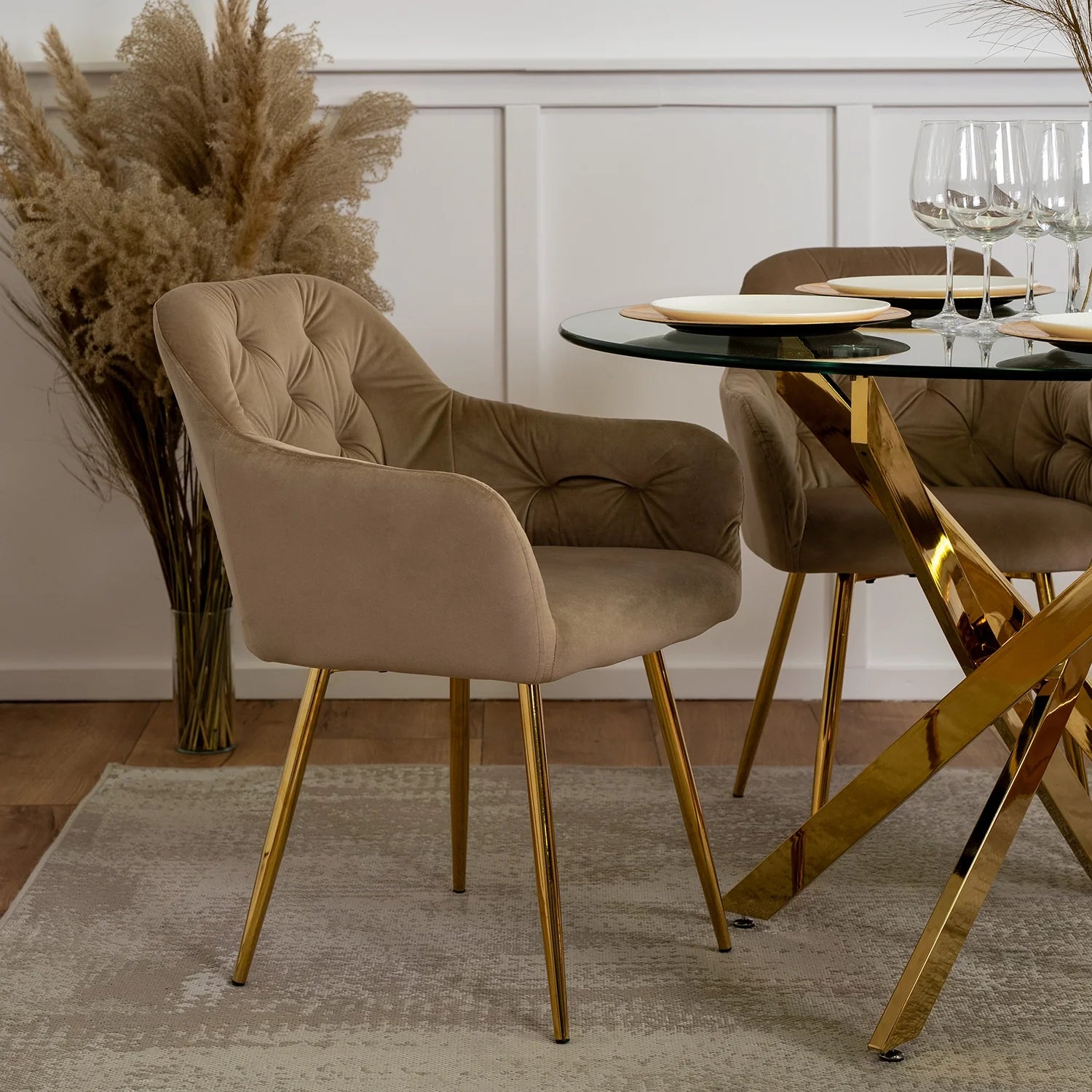 Elite RAYA Beige Samtstuhl – Ein Hauch von Luxus