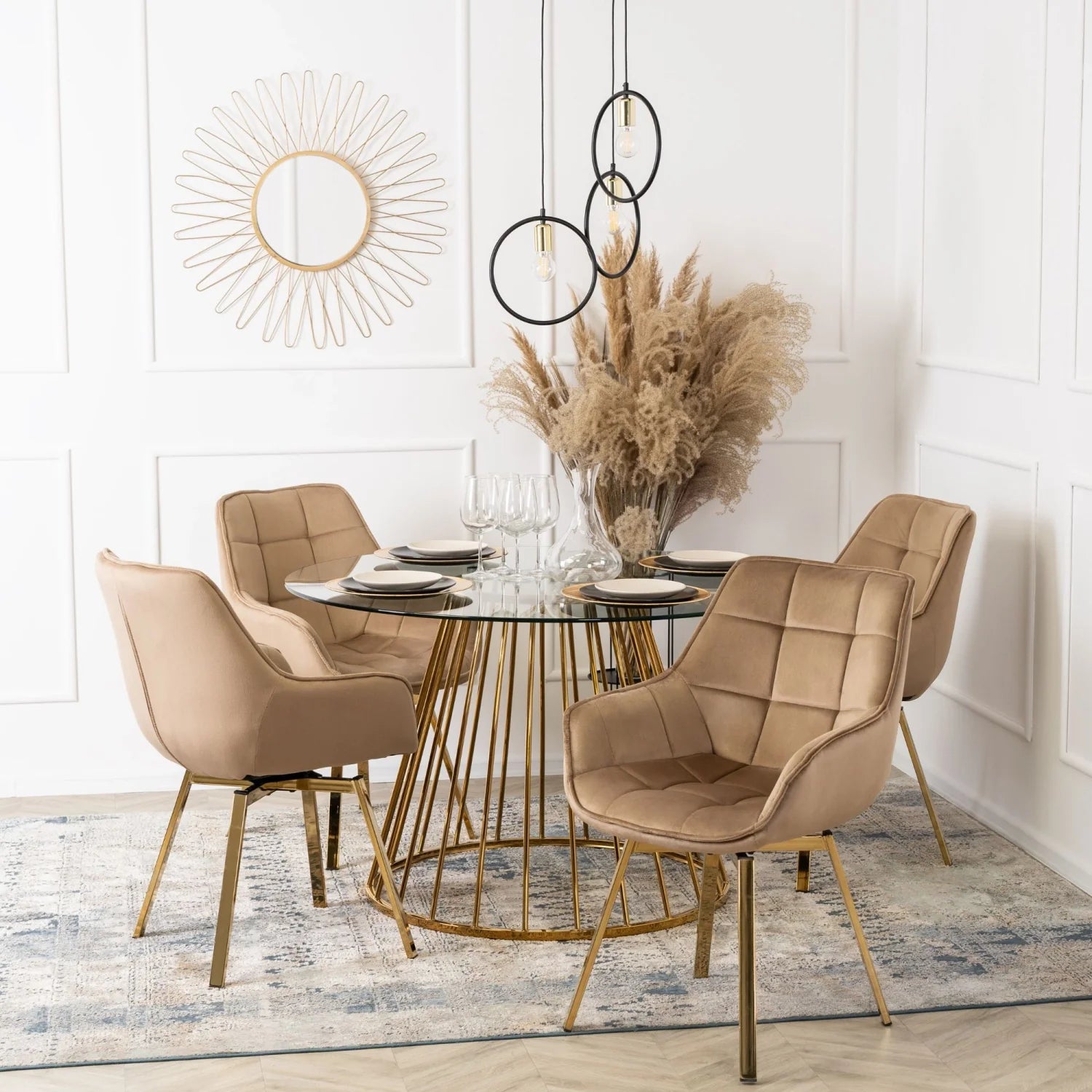 Elite MIA Swivel Velvet Chair – Luxurious Beige & Gold Design