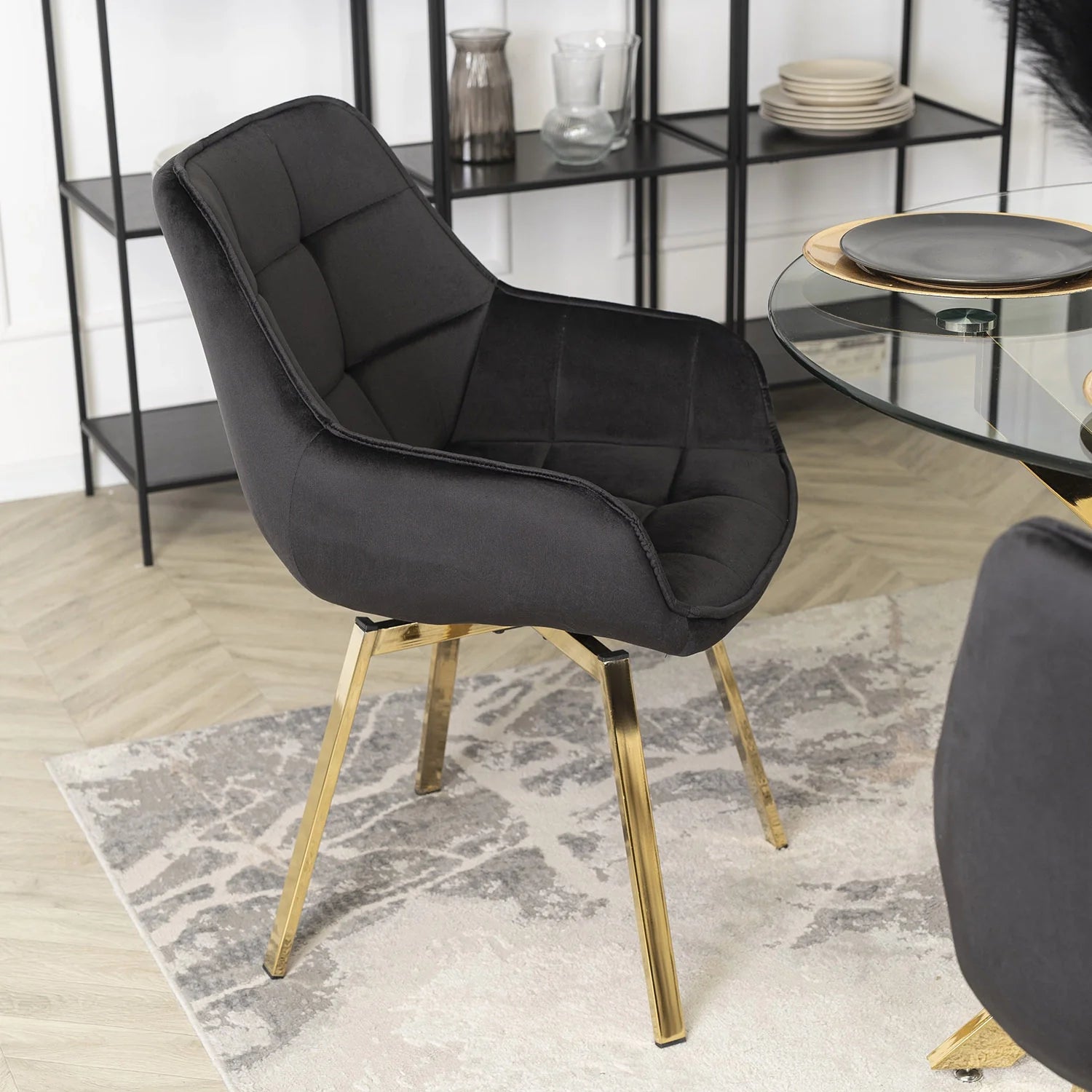 Elite MIA Swivel Velvet Chair – Luxurious Black & Gold Design