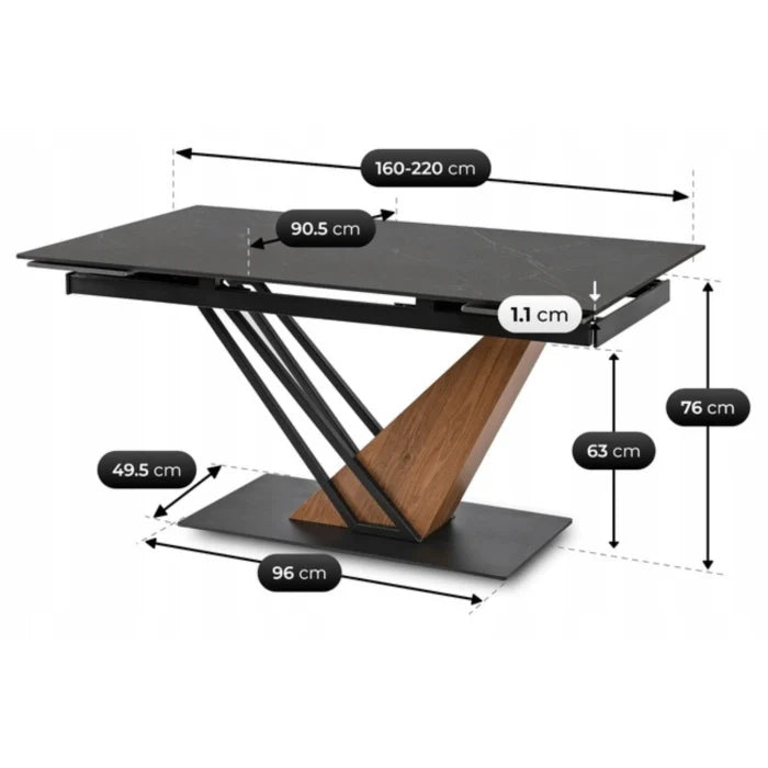 Elite REX Extendable Rectangular Dining Table 160–220 cm Ceramic Black Marble/Walnut Modern Loft