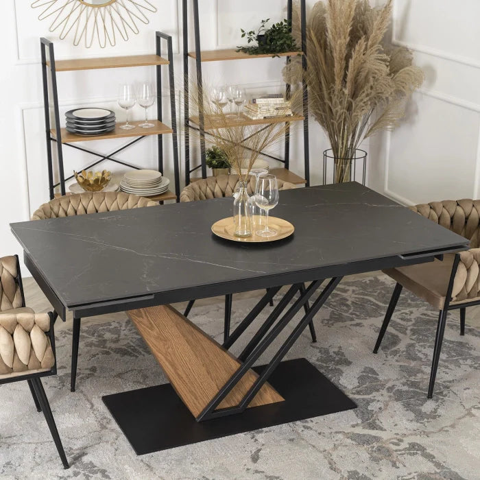 Elite REX Extendable Rectangular Dining Table 160–220 cm Ceramic Black Marble/Walnut Modern Loft