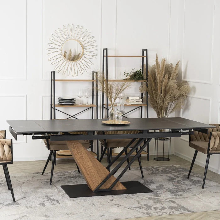 Elite REX Extendable Rectangular Dining Table 160–220 cm Ceramic Black Marble/Walnut Modern Loft