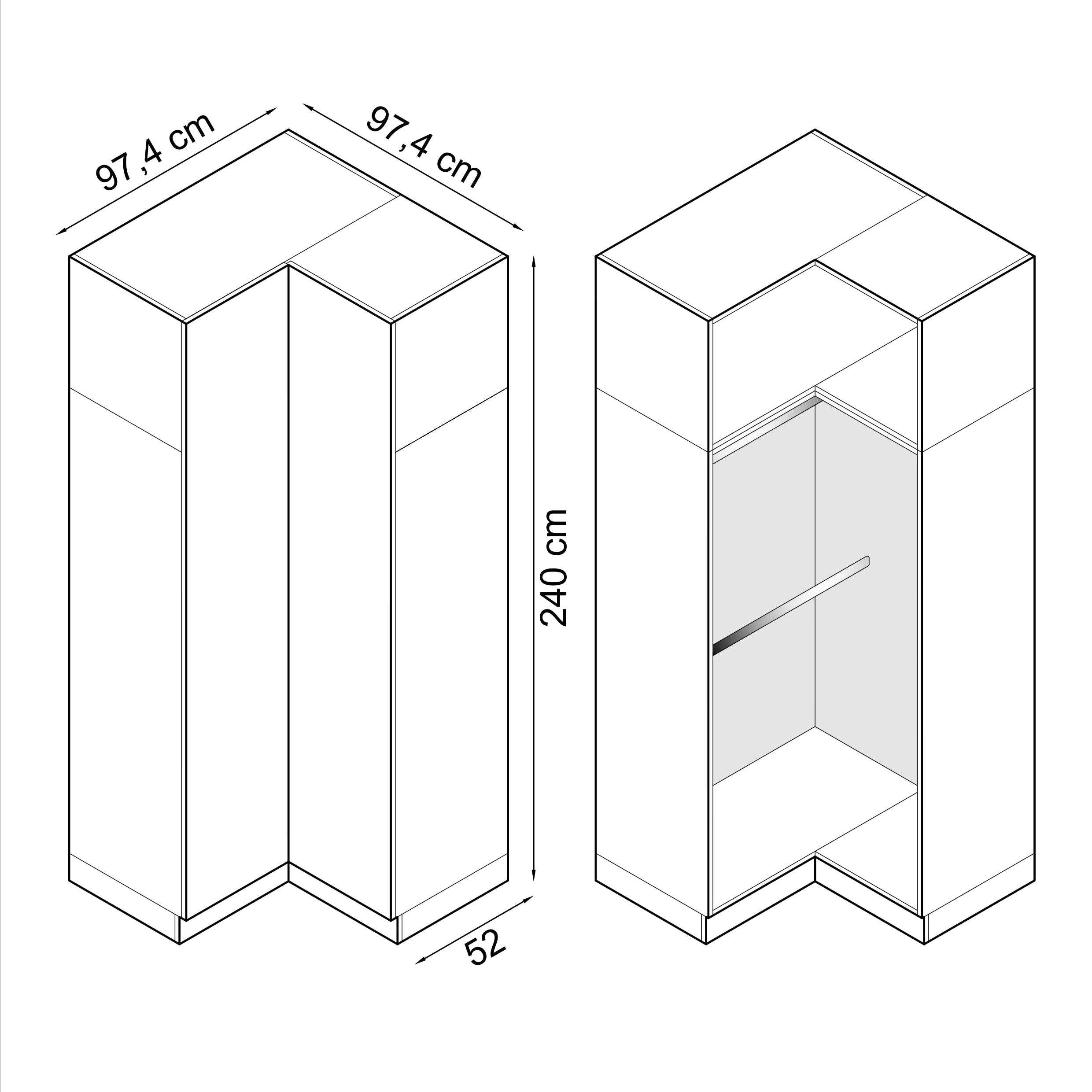 SLEEP VARIA Eckkleiderschrank 97,4 x 97,4 cm mit Einlegeboden und Kleiderstangen – Eiche geölt/Graphit