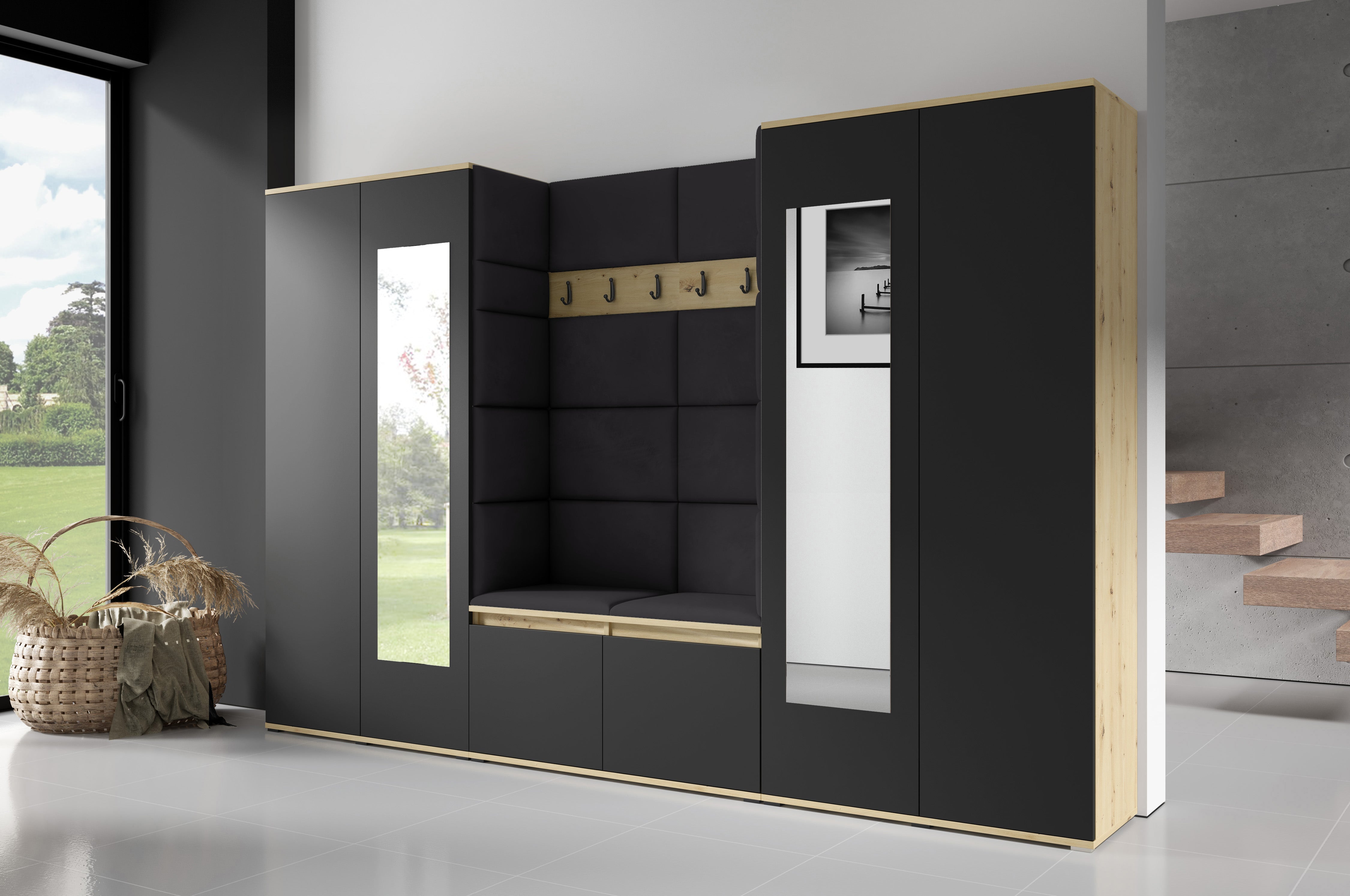 PK Flurgarderobe Emi 10 Artisan Eiche/Schwarz - Polsterpaneele in verschiedenen Farben