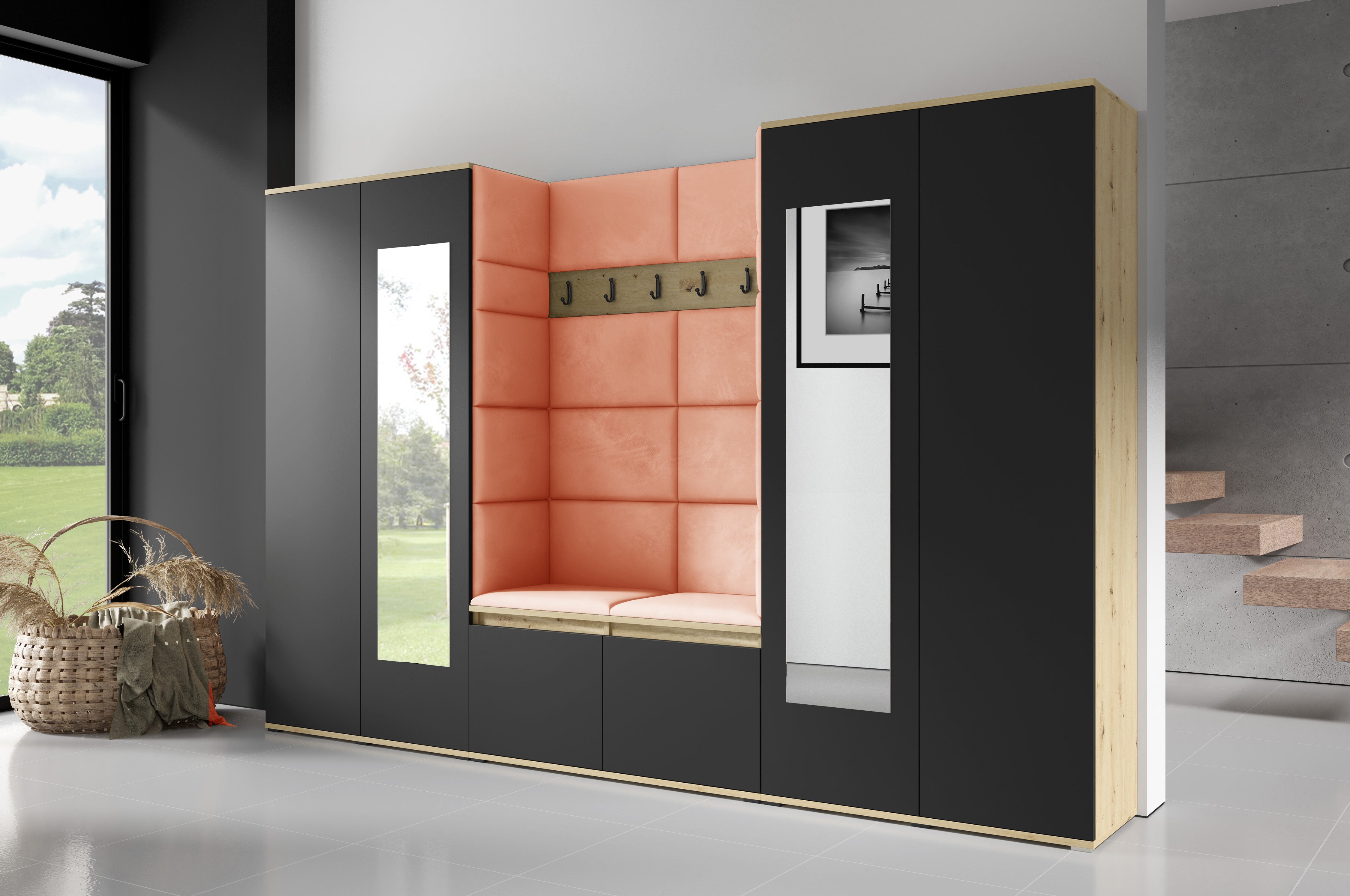 PK Flurgarderobe Emi 10 Artisan Eiche/Schwarz - Polsterpaneele in verschiedenen Farben