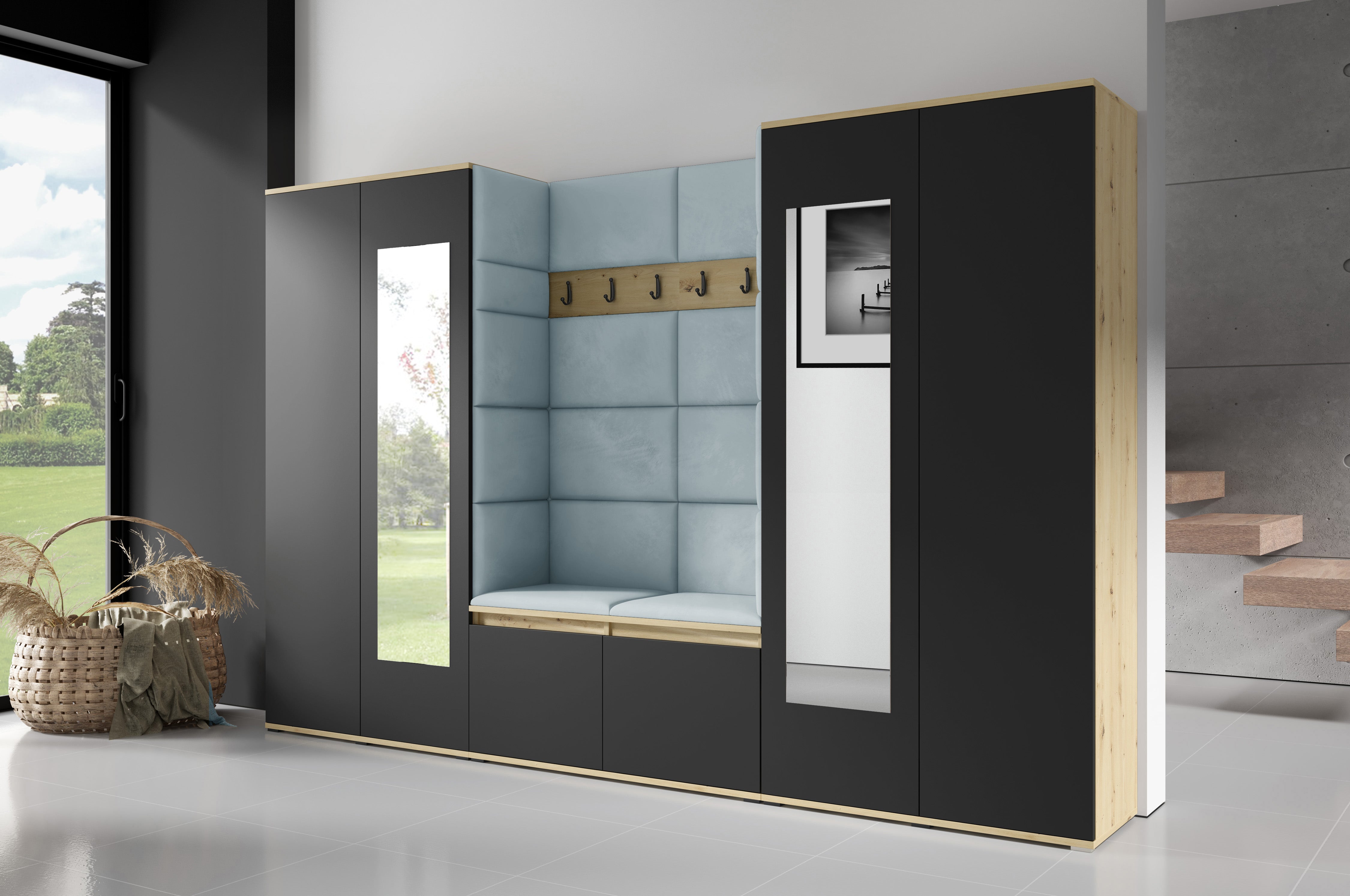 PK Flurgarderobe Emi 10 Artisan Eiche/Schwarz - Polsterpaneele in verschiedenen Farben