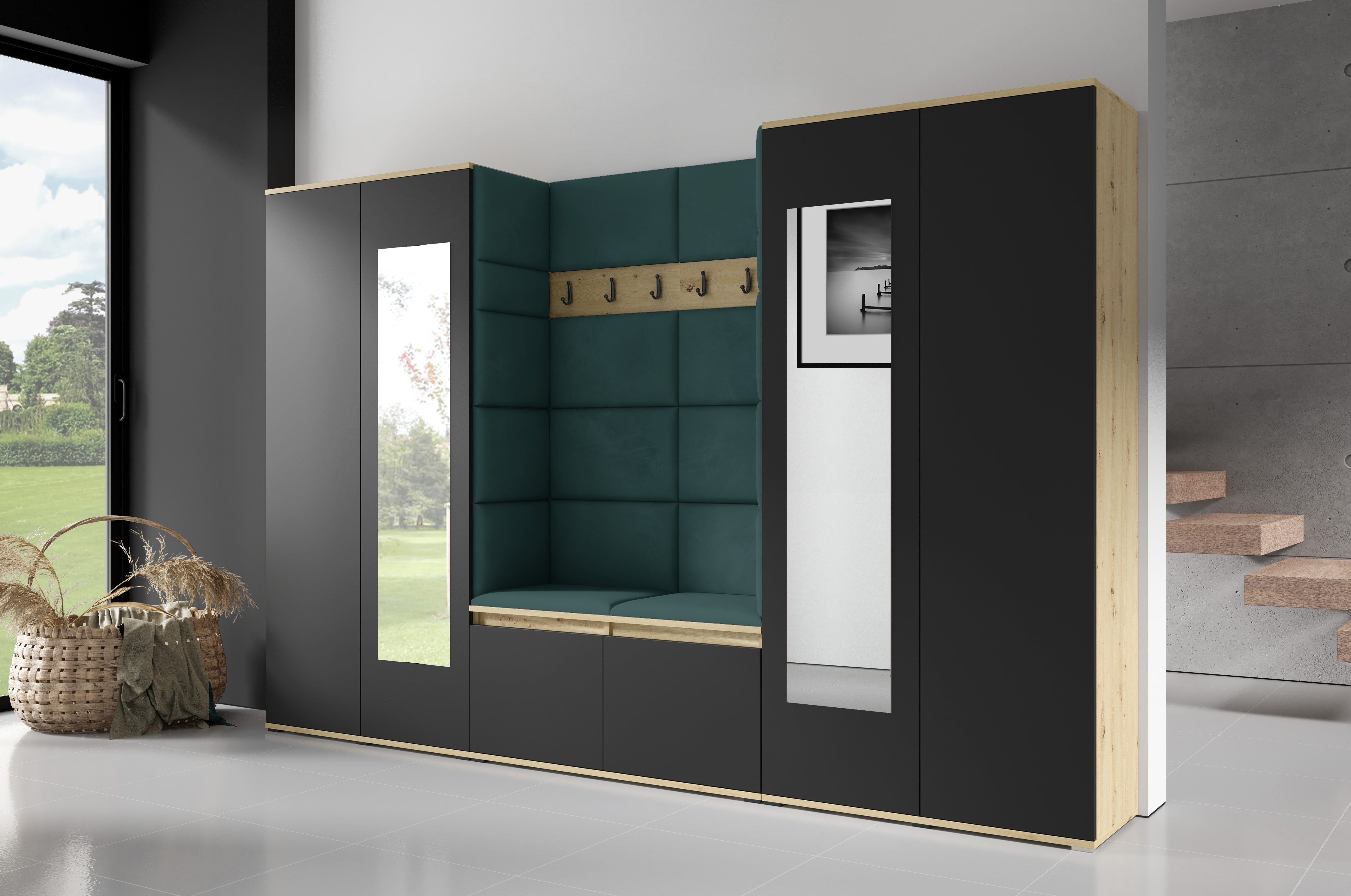 PK Flurgarderobe Emi 10 Artisan Eiche/Schwarz - Polsterpaneele in verschiedenen Farben