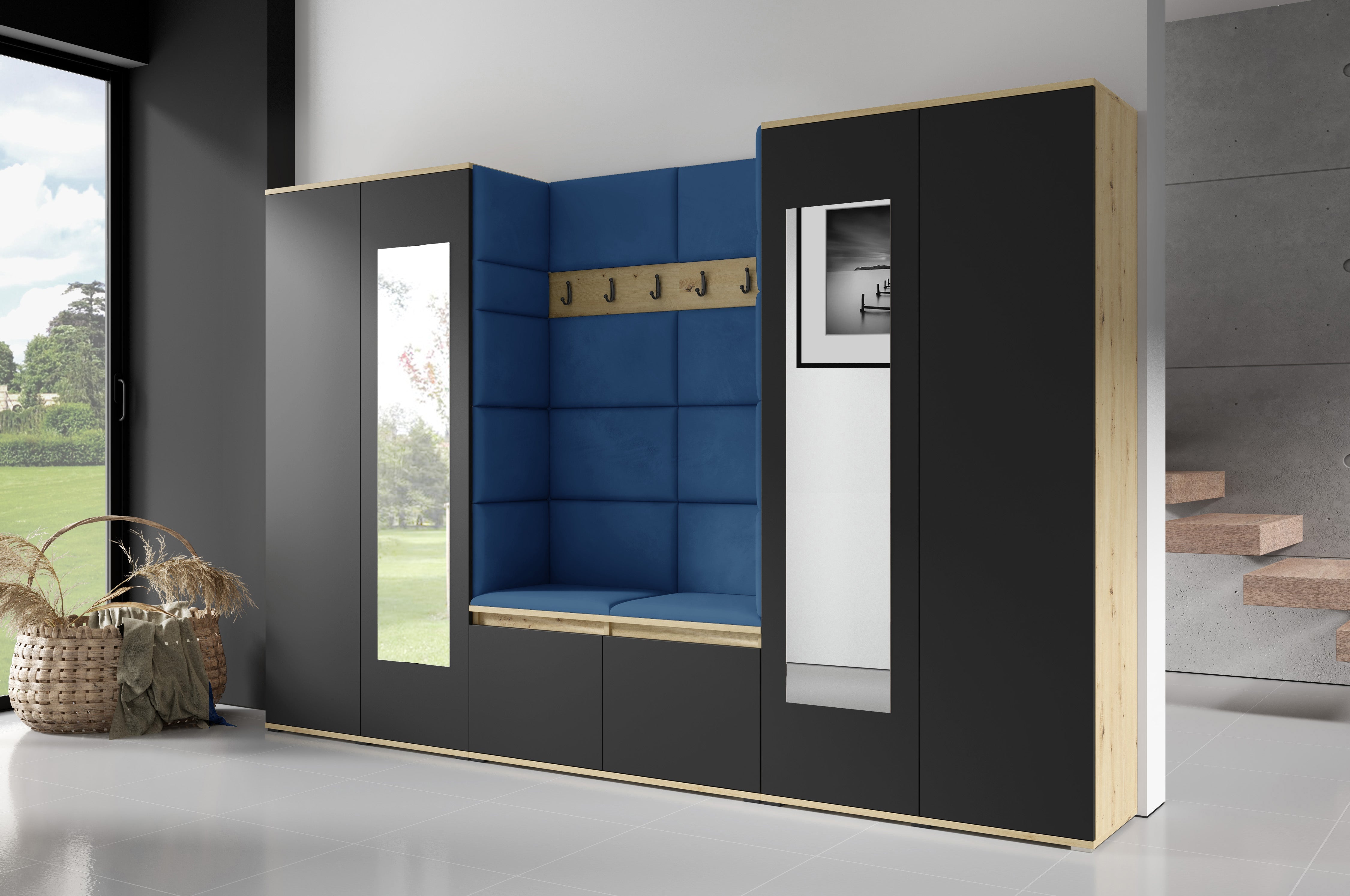 PK Flurgarderobe Emi 10 Artisan Eiche/Schwarz - Polsterpaneele in verschiedenen Farben