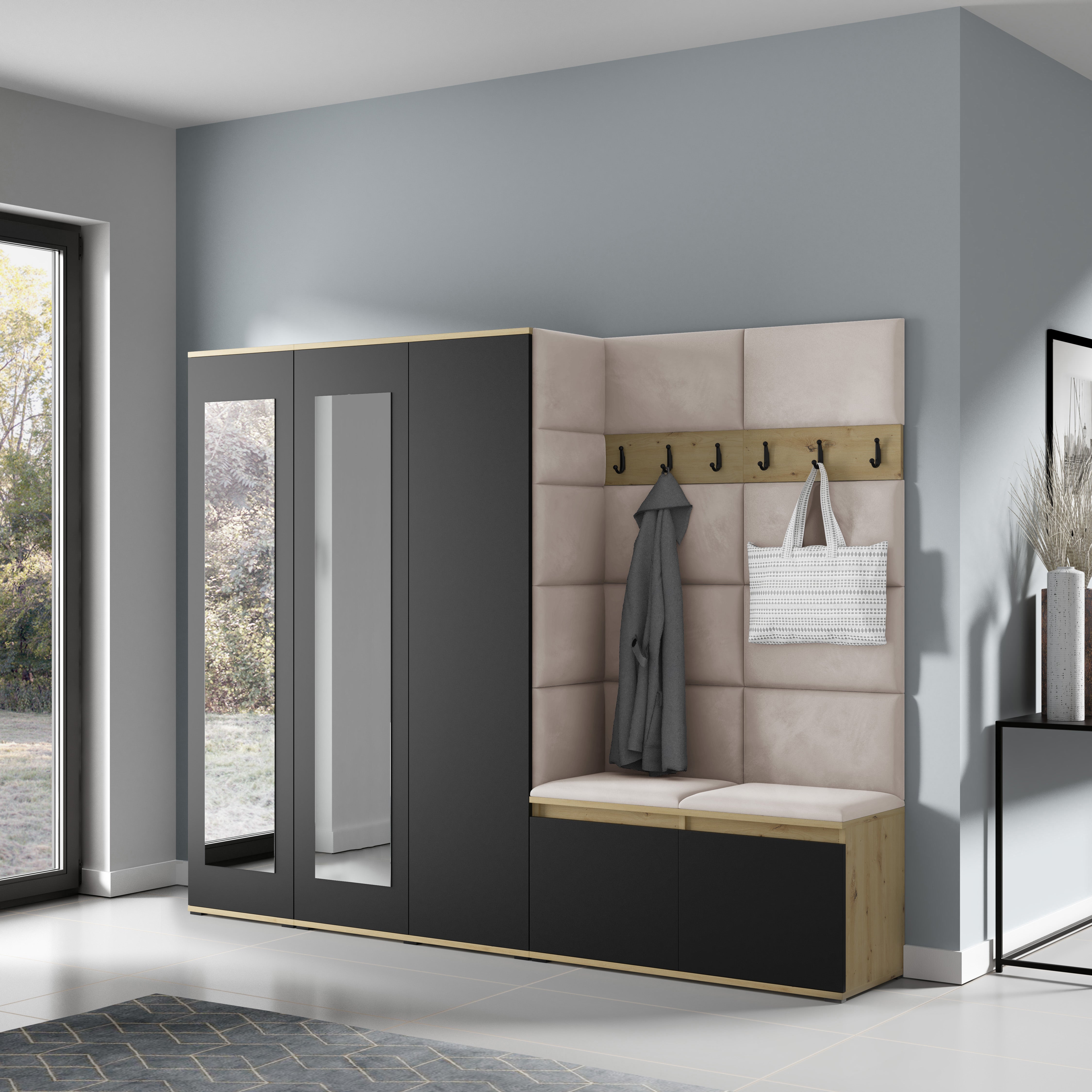 PK Emi 15 Hallway Wardrobe Artisan Oak / Black - Upholstered Panels in Various Colours