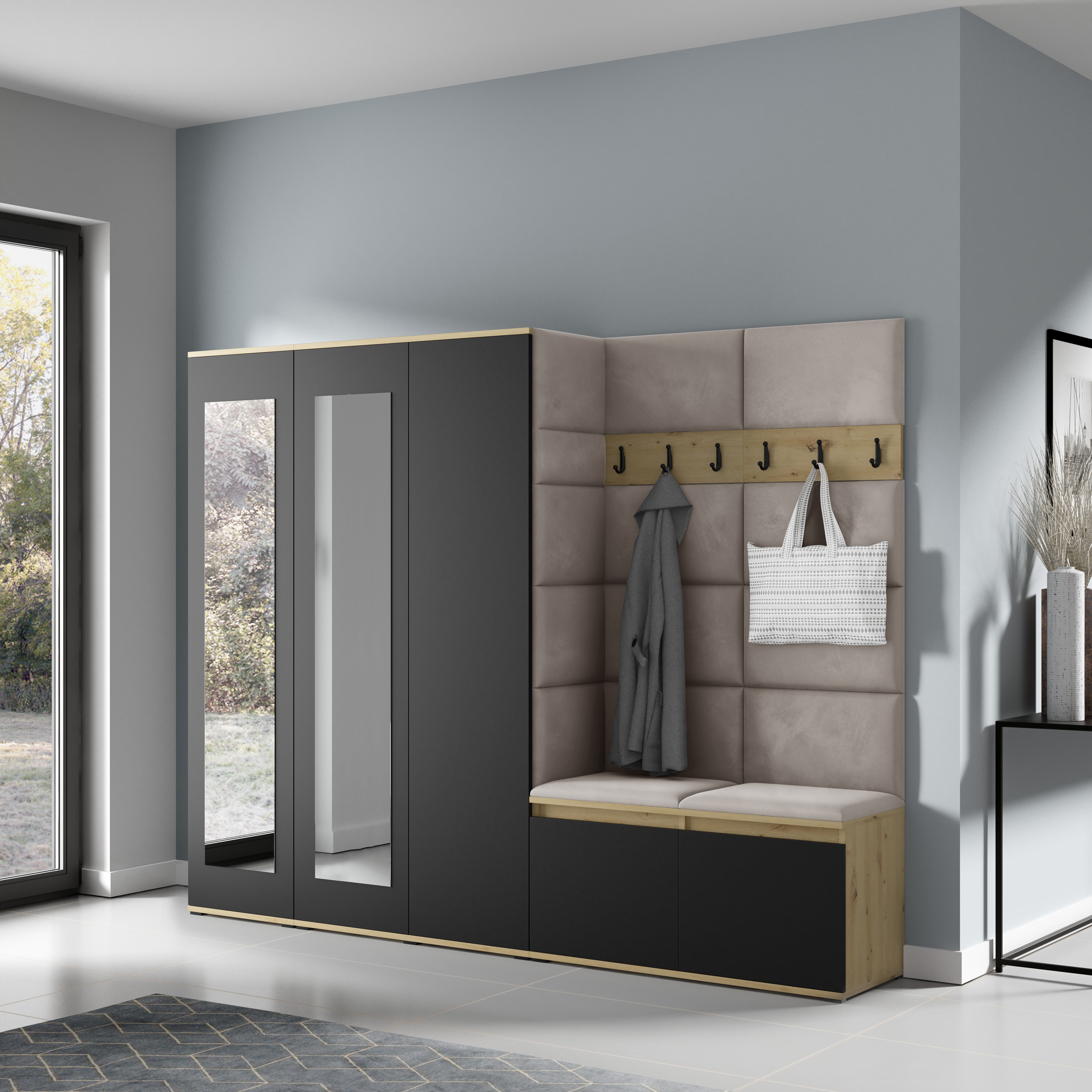 PK Emi 15 Hallway Wardrobe Artisan Oak / Black - Upholstered Panels in Various Colours