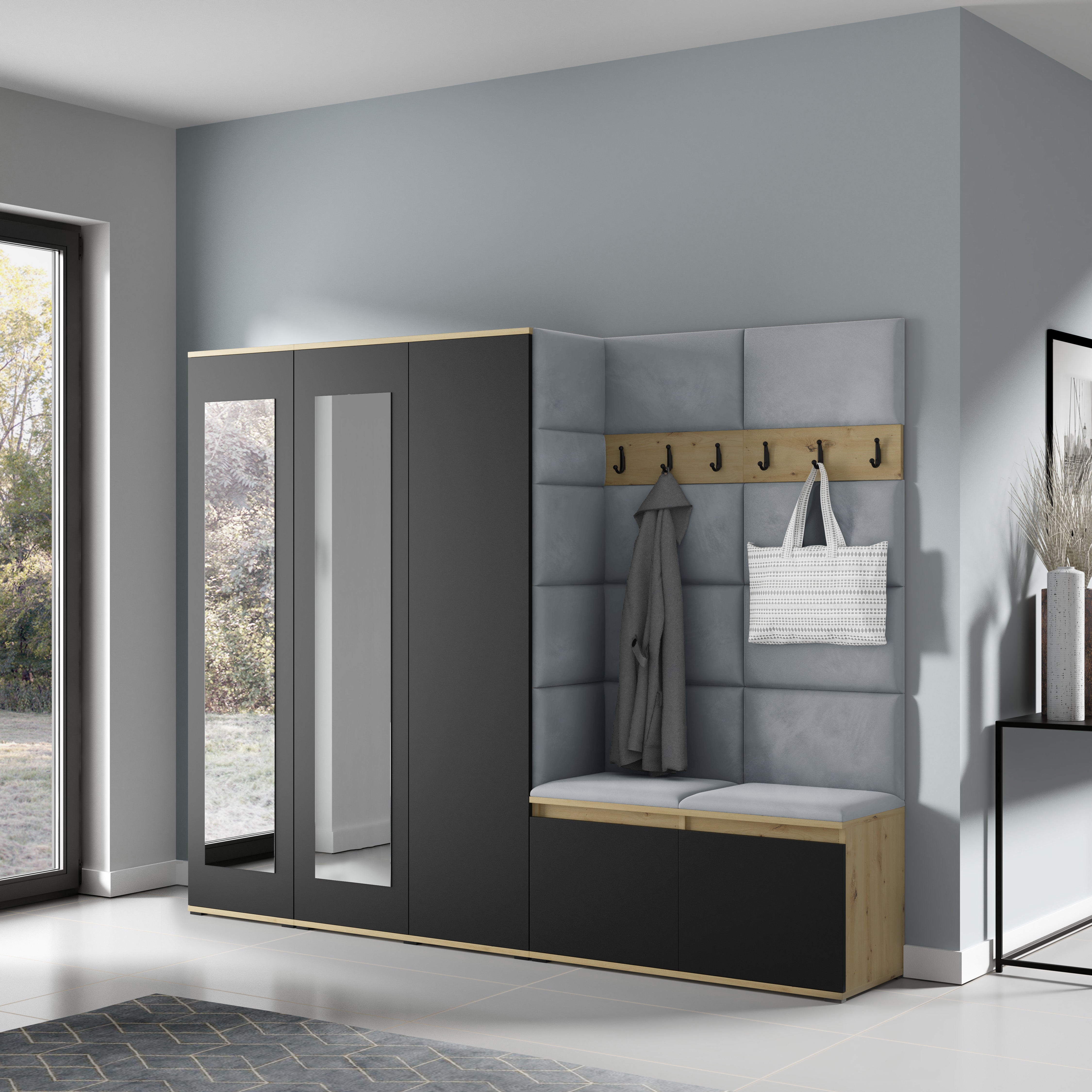 PK Emi 15 Hallway Wardrobe Artisan Oak / Black - Upholstered Panels in Various Colours