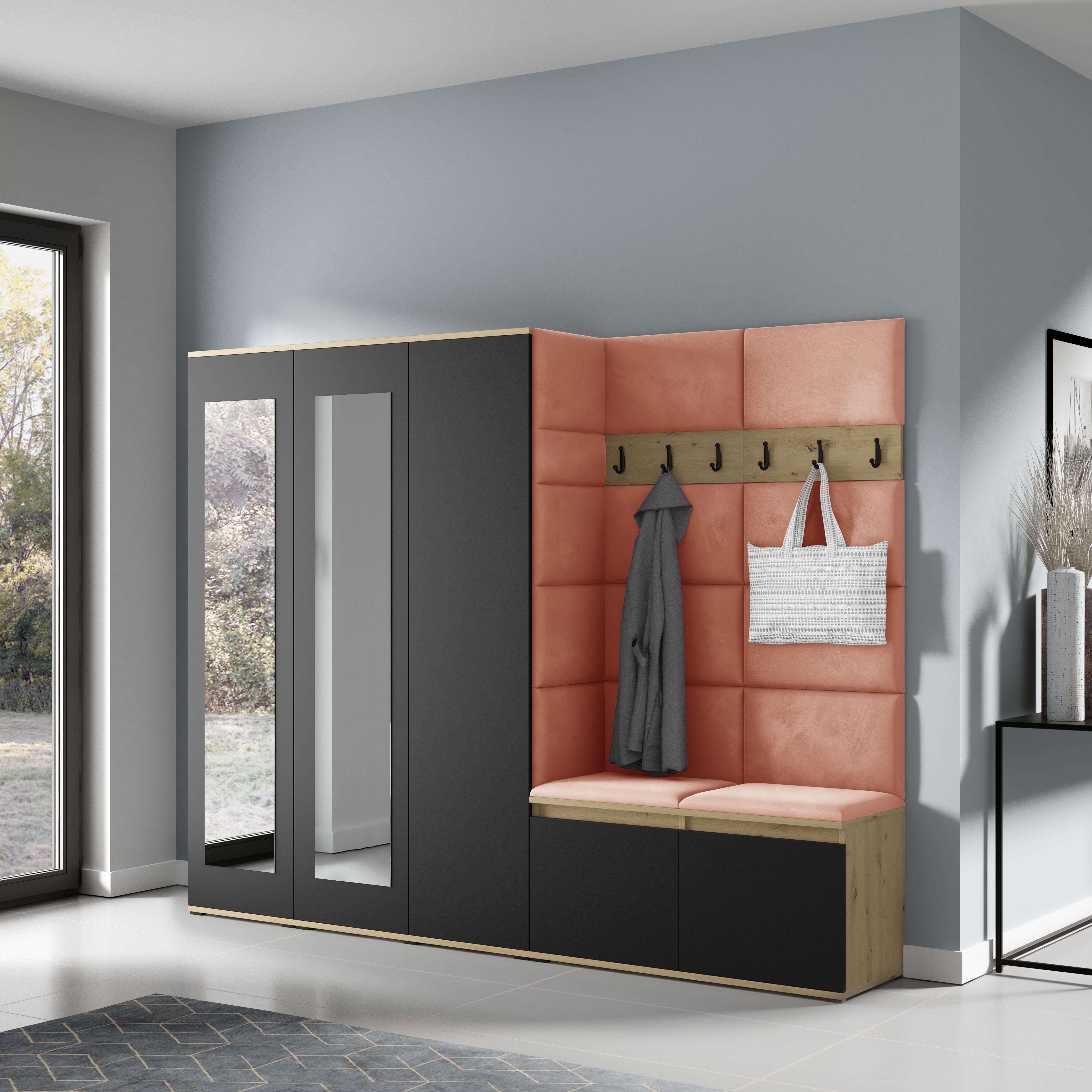 PK Emi 15 Hallway Wardrobe Artisan Oak / Black - Upholstered Panels in Various Colours