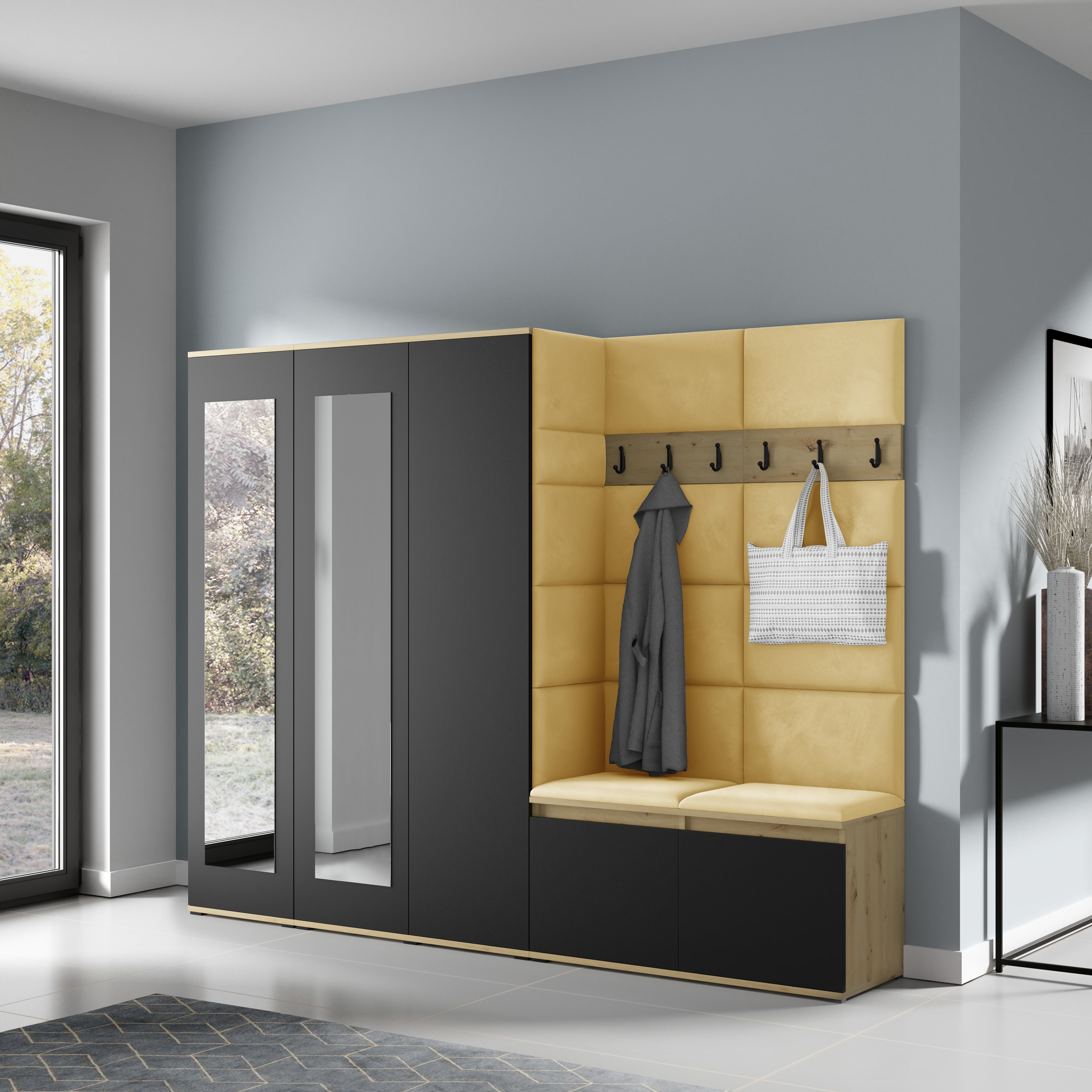 PK Emi 15 Hallway Wardrobe Artisan Oak / Black - Upholstered Panels in Various Colours