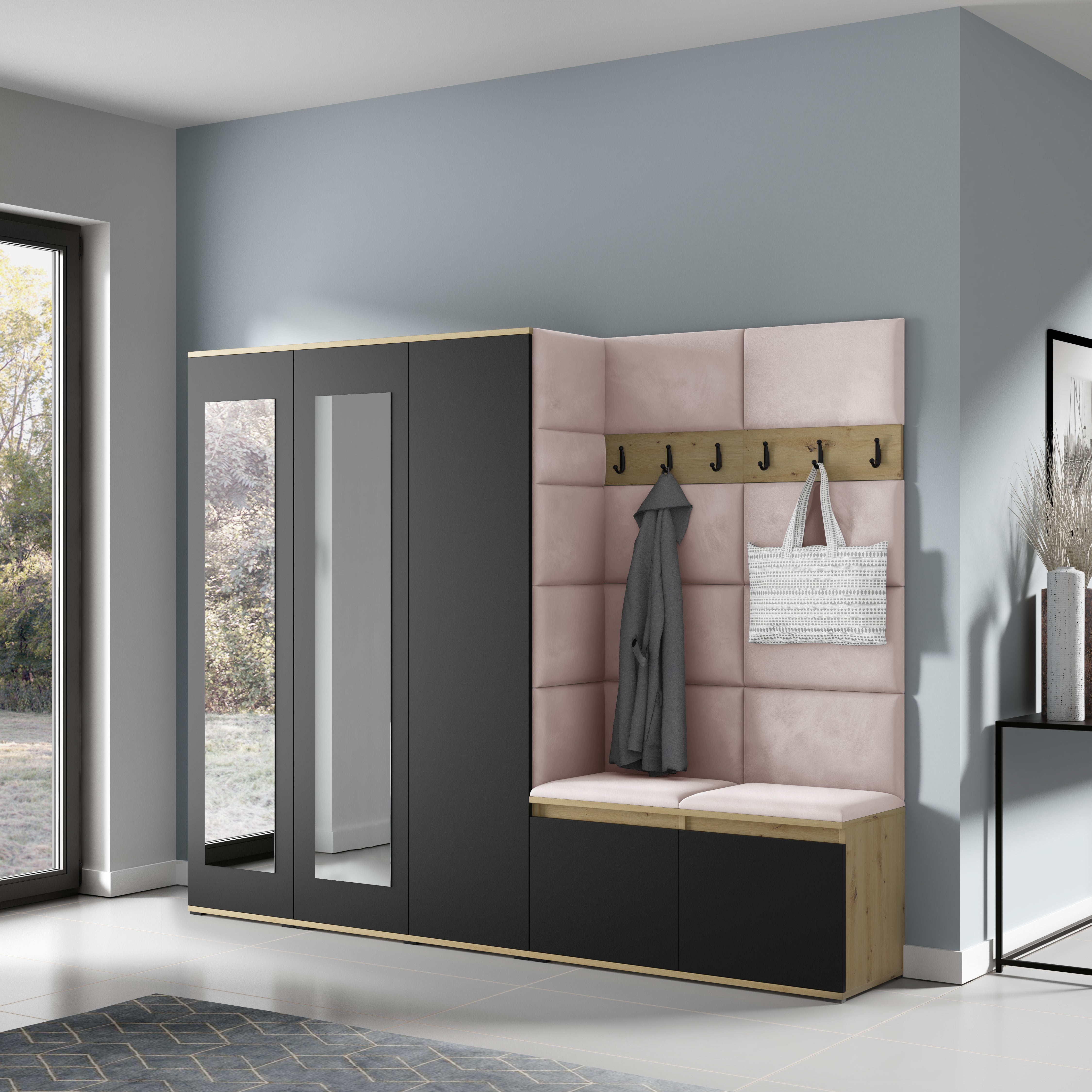 PK Emi 15 Hallway Wardrobe Artisan Oak / Black - Upholstered Panels in Various Colours