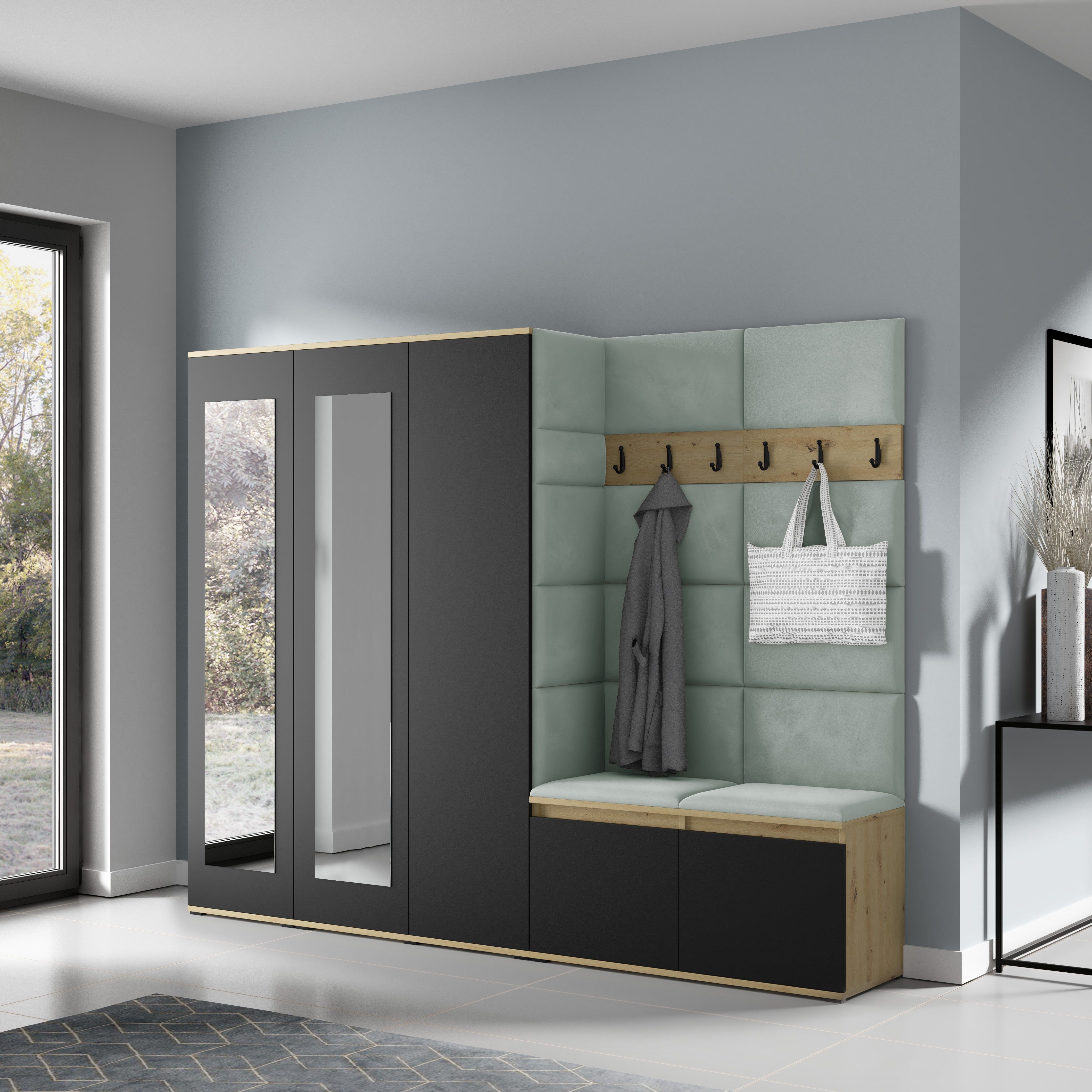 PK Emi 15 Hallway Wardrobe Artisan Oak / Black - Upholstered Panels in Various Colours