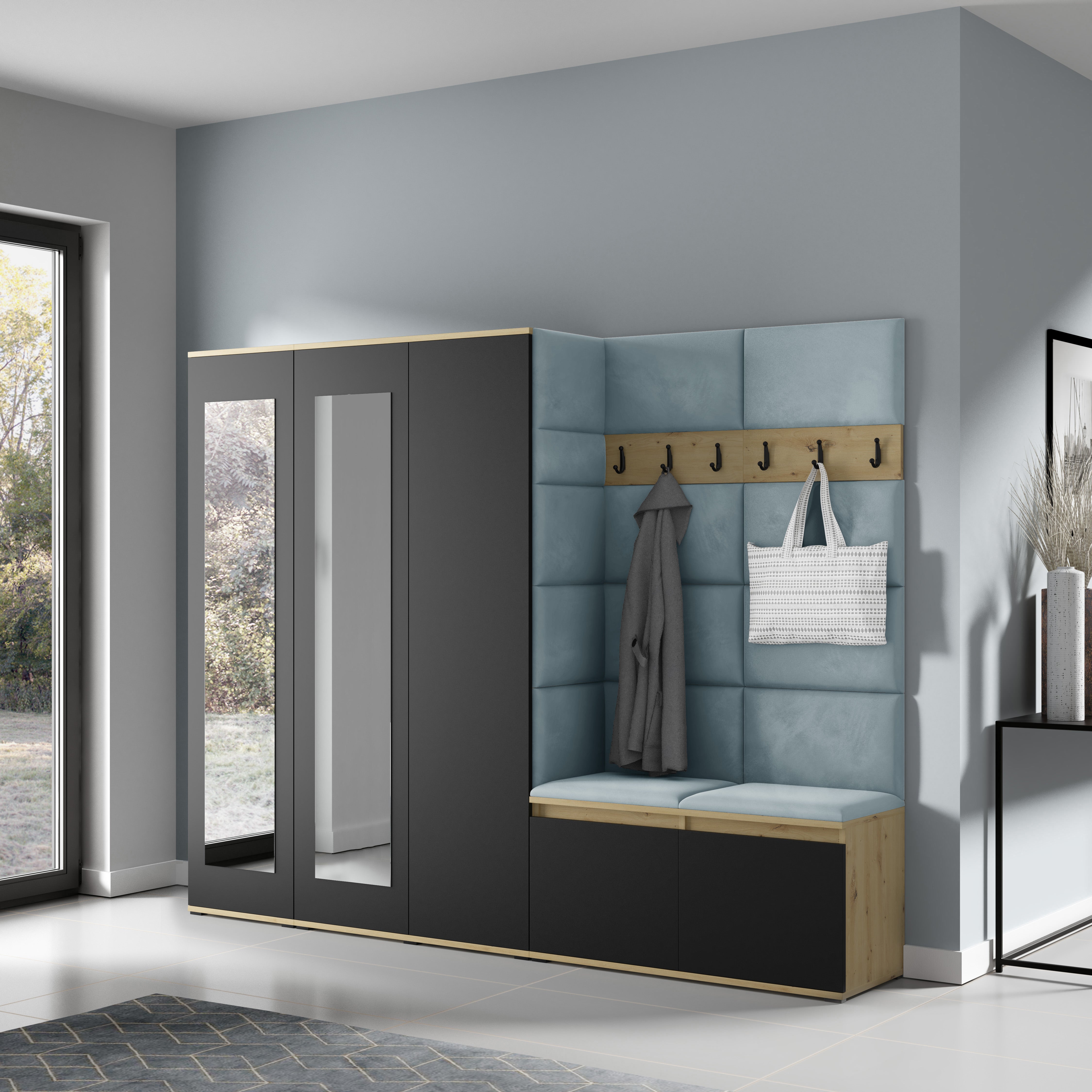 PK Emi 15 Hallway Wardrobe Artisan Oak / Black - Upholstered Panels in Various Colours