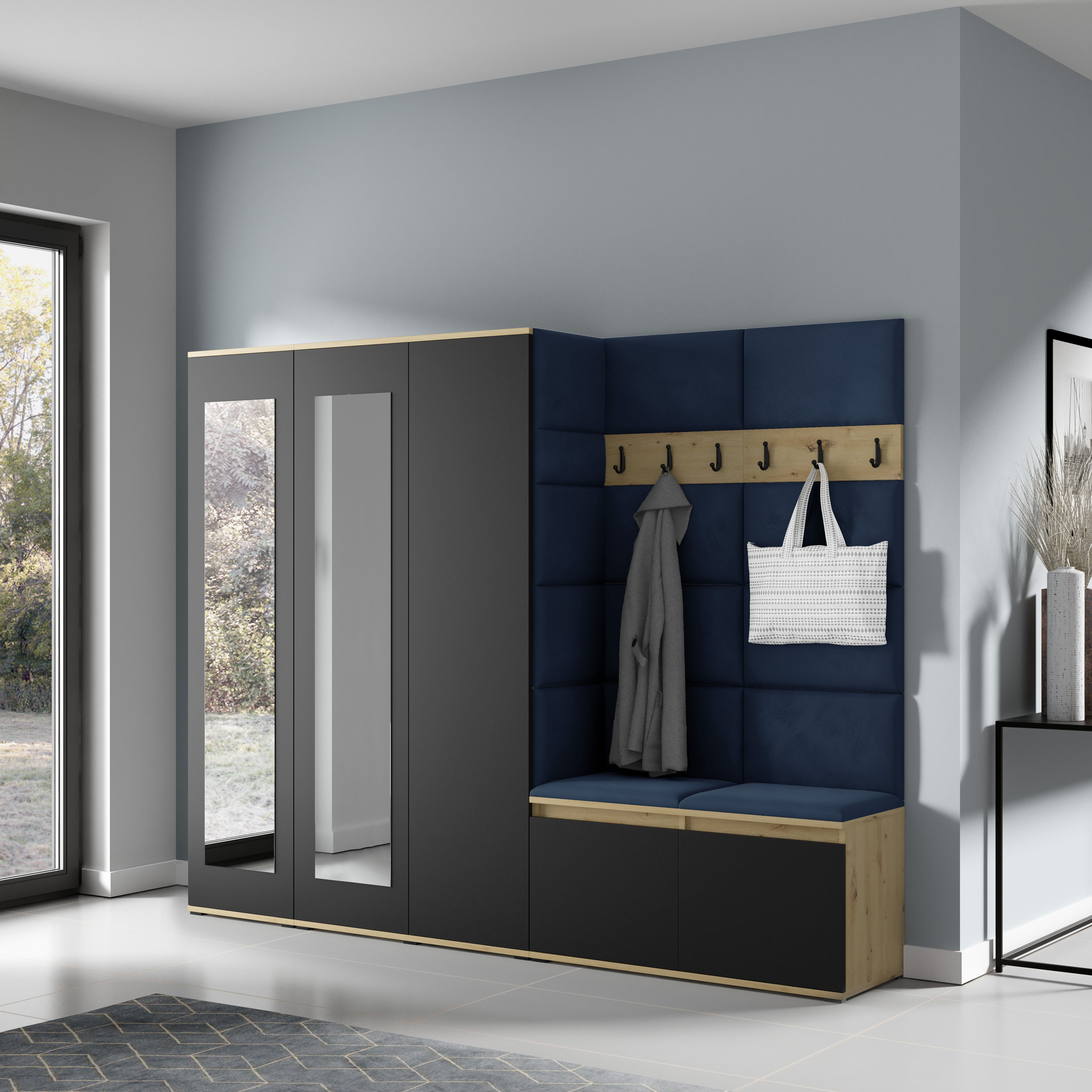 PK Emi 15 Hallway Wardrobe Artisan Oak / Black - Upholstered Panels in Various Colours