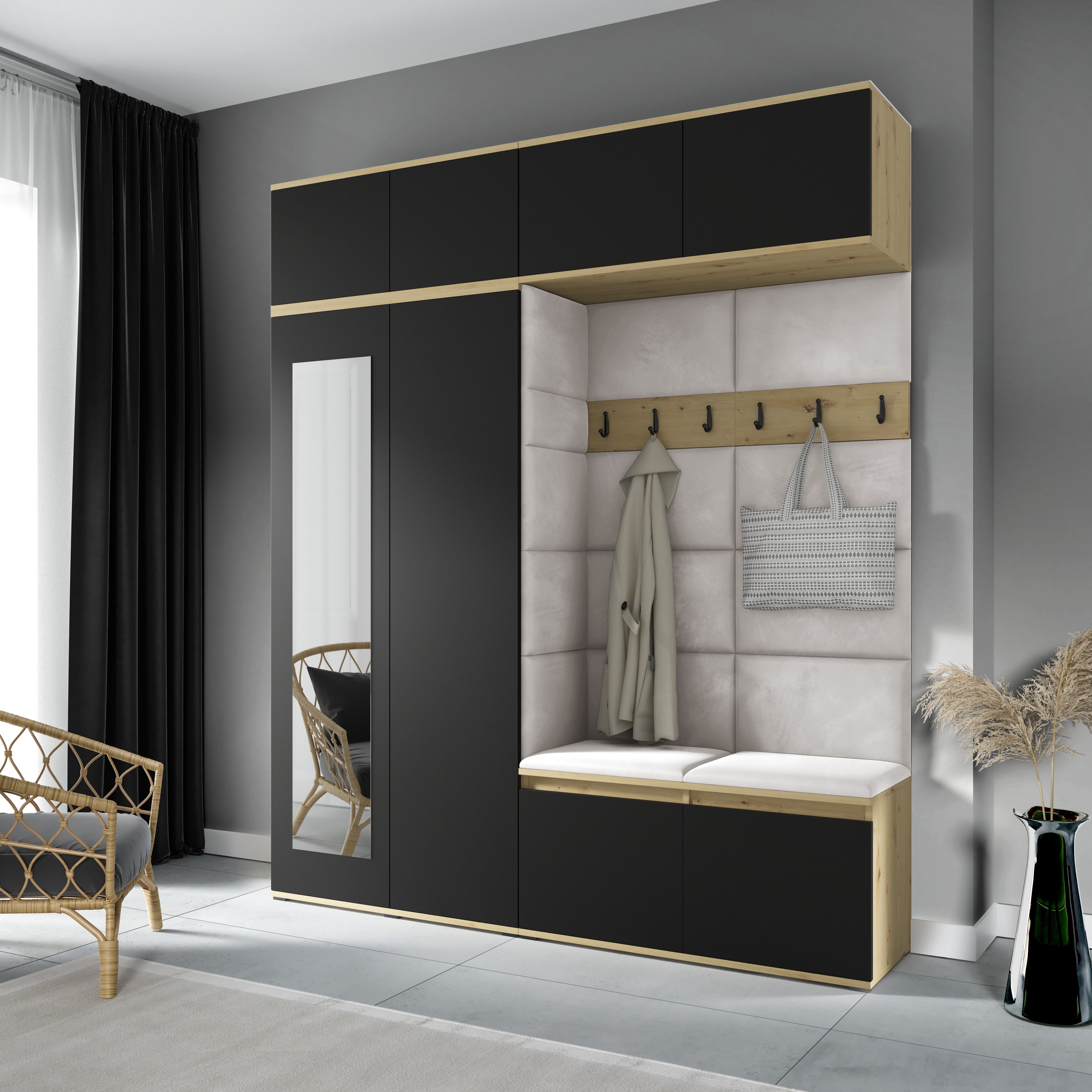 PK Emi 16 Hallway Wardrobe Artisan Oak / Black - Upholstered Panels in Various Colours