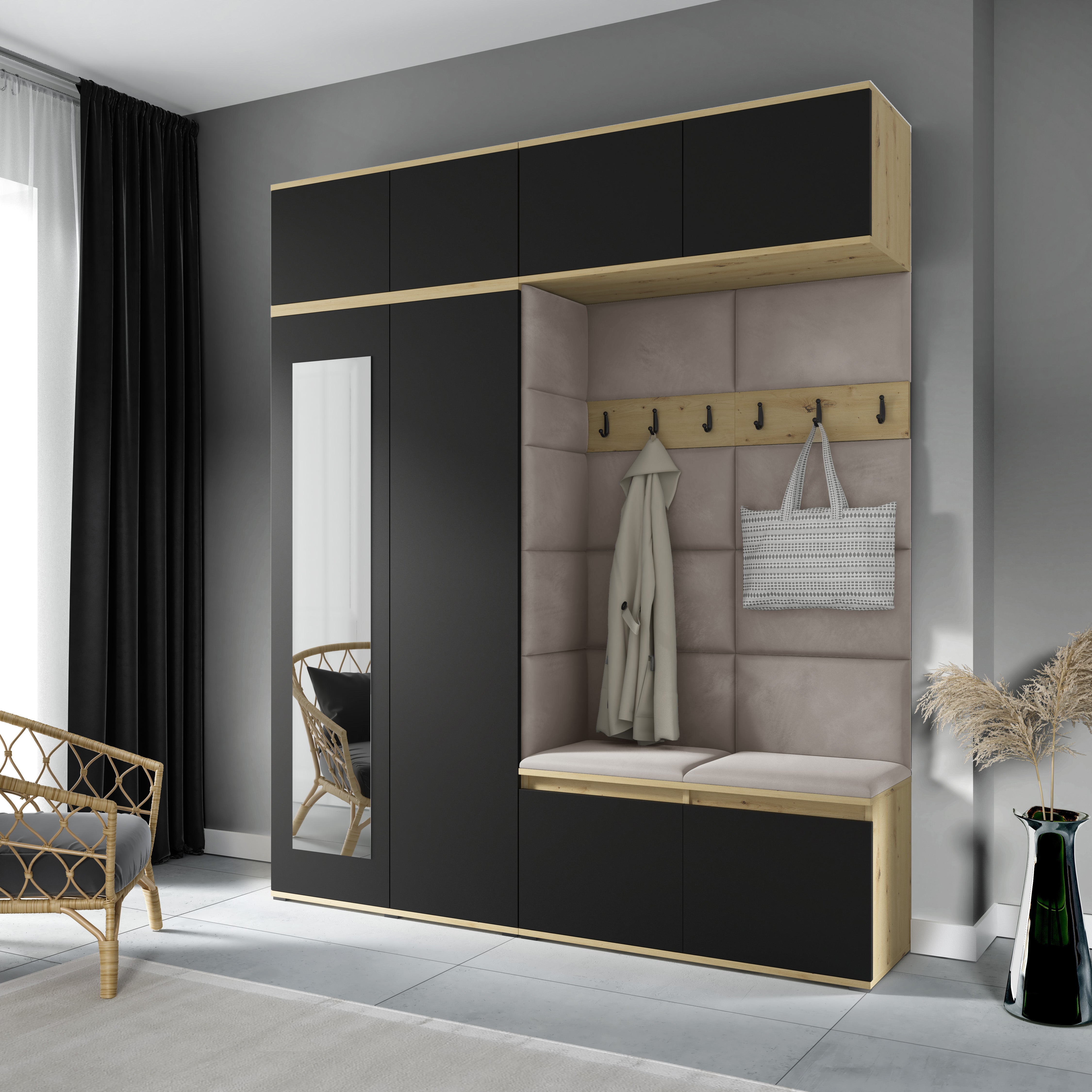 PK Emi 16 Hallway Wardrobe Artisan Oak / Black - Upholstered Panels in Various Colours