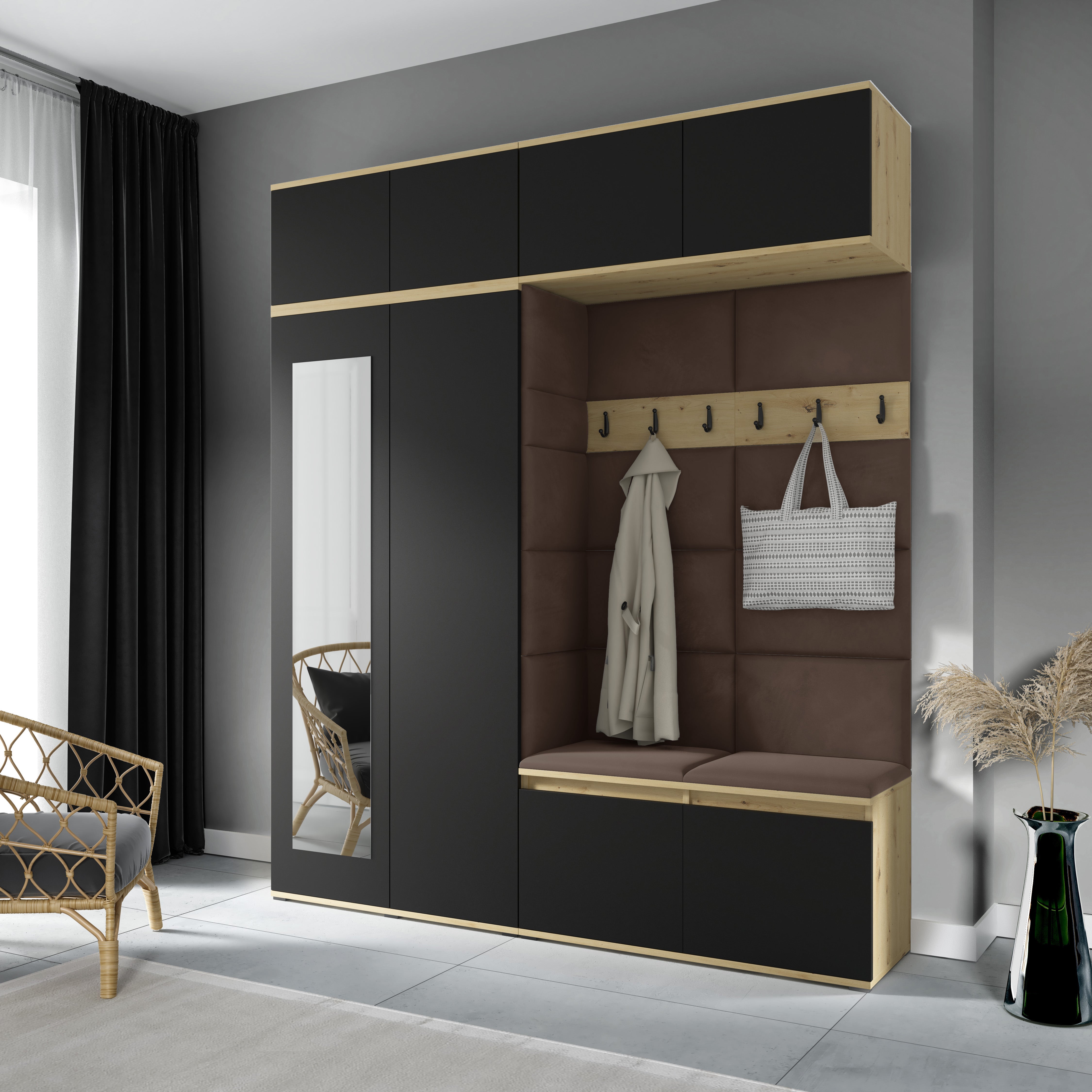 PK Emi 16 Hallway Wardrobe Artisan Oak / Black - Upholstered Panels in Various Colours