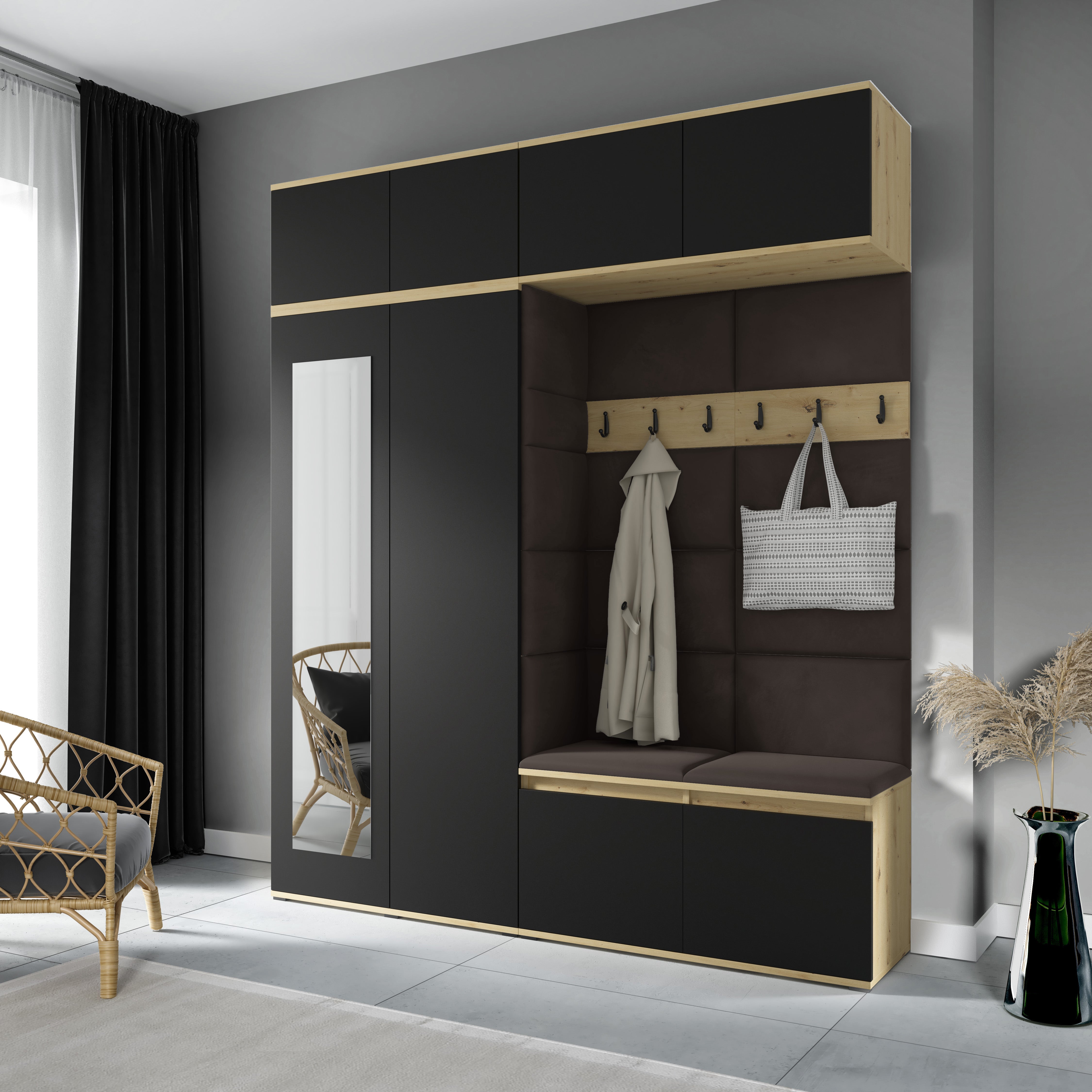 PK Emi 16 Hallway Wardrobe Artisan Oak / Black - Upholstered Panels in Various Colours