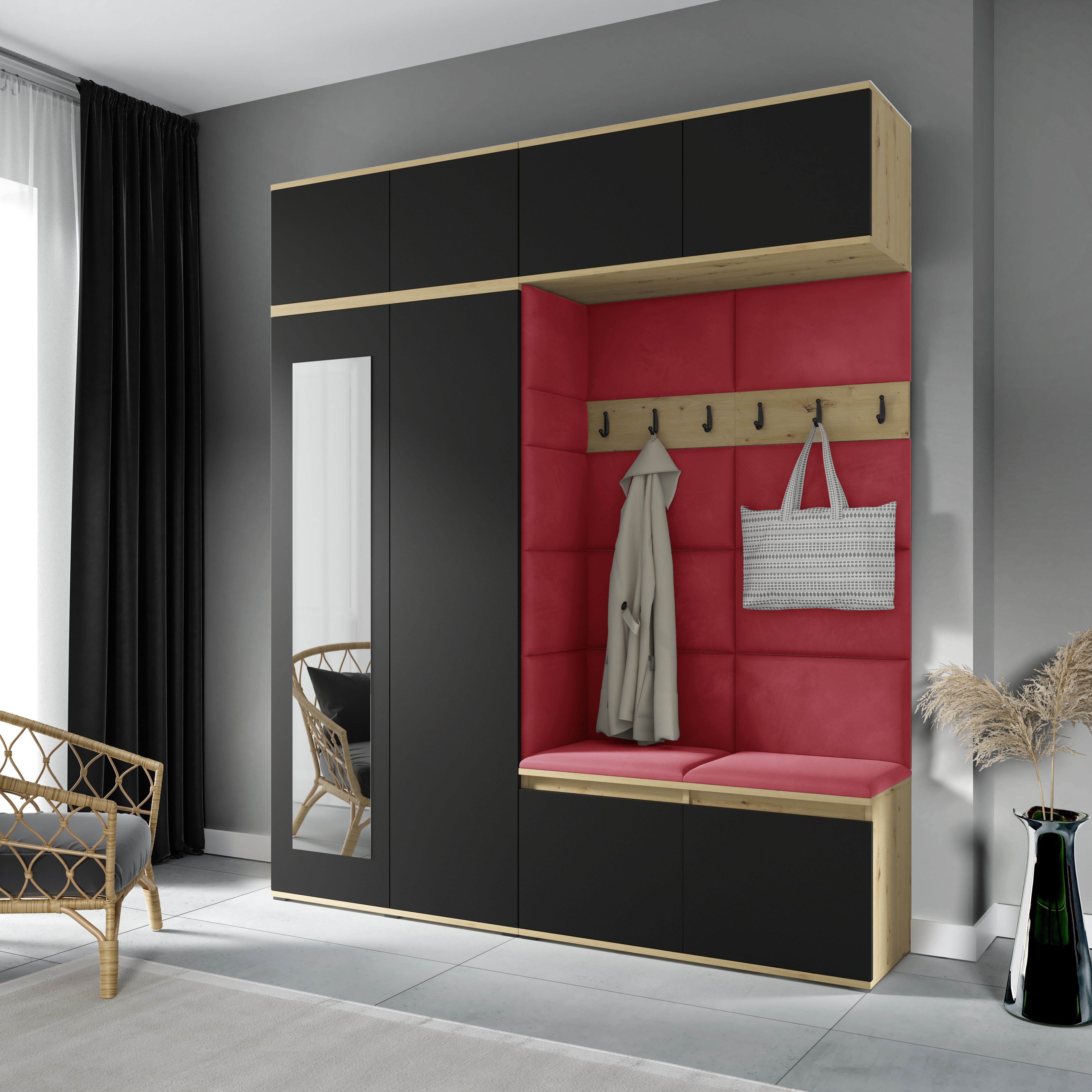 PK Emi 16 Hallway Wardrobe Artisan Oak / Black - Upholstered Panels in Various Colours