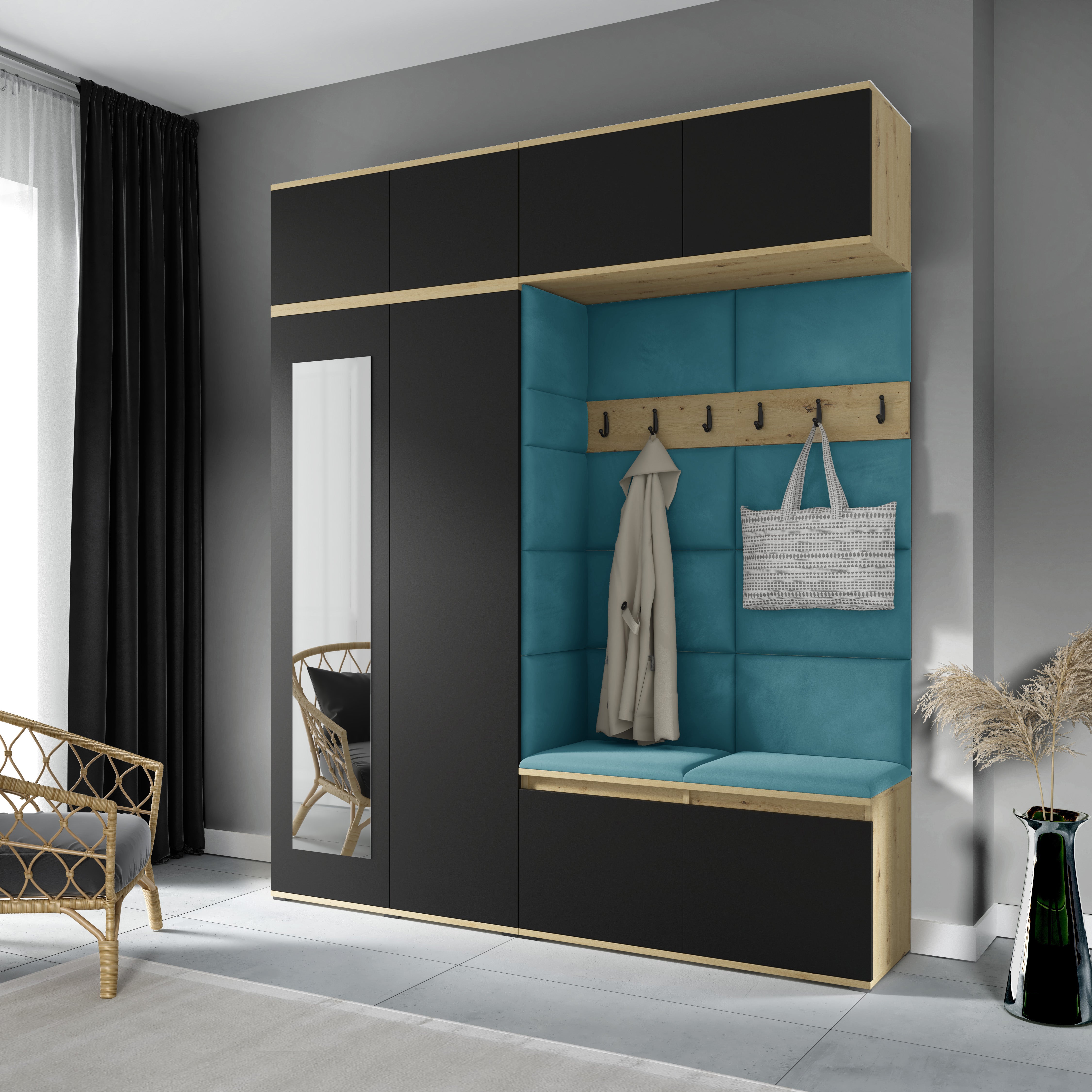 PK Emi 16 Hallway Wardrobe Artisan Oak / Black - Upholstered Panels in Various Colours