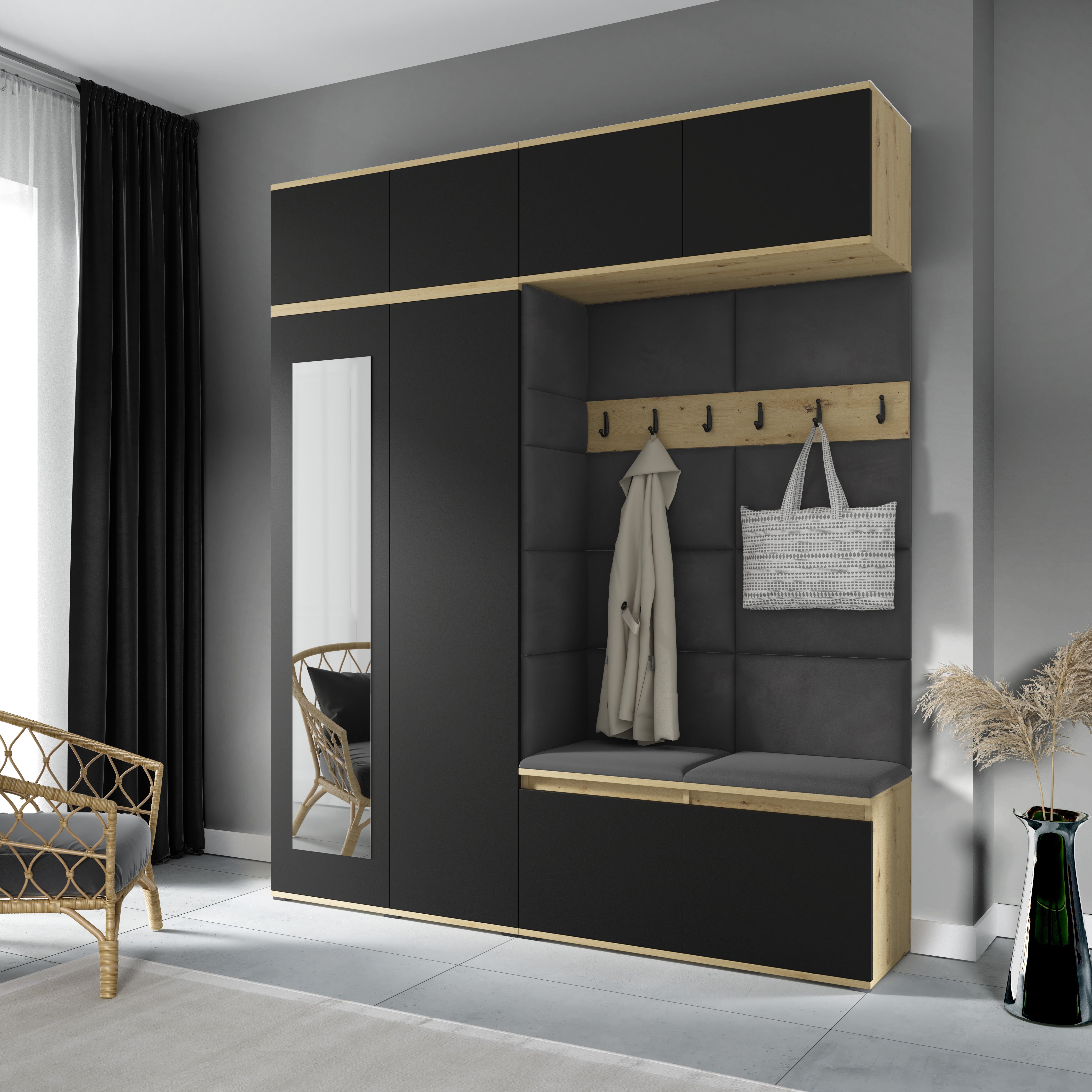 PK Emi 16 Hallway Wardrobe Artisan Oak / Black - Upholstered Panels in Various Colours