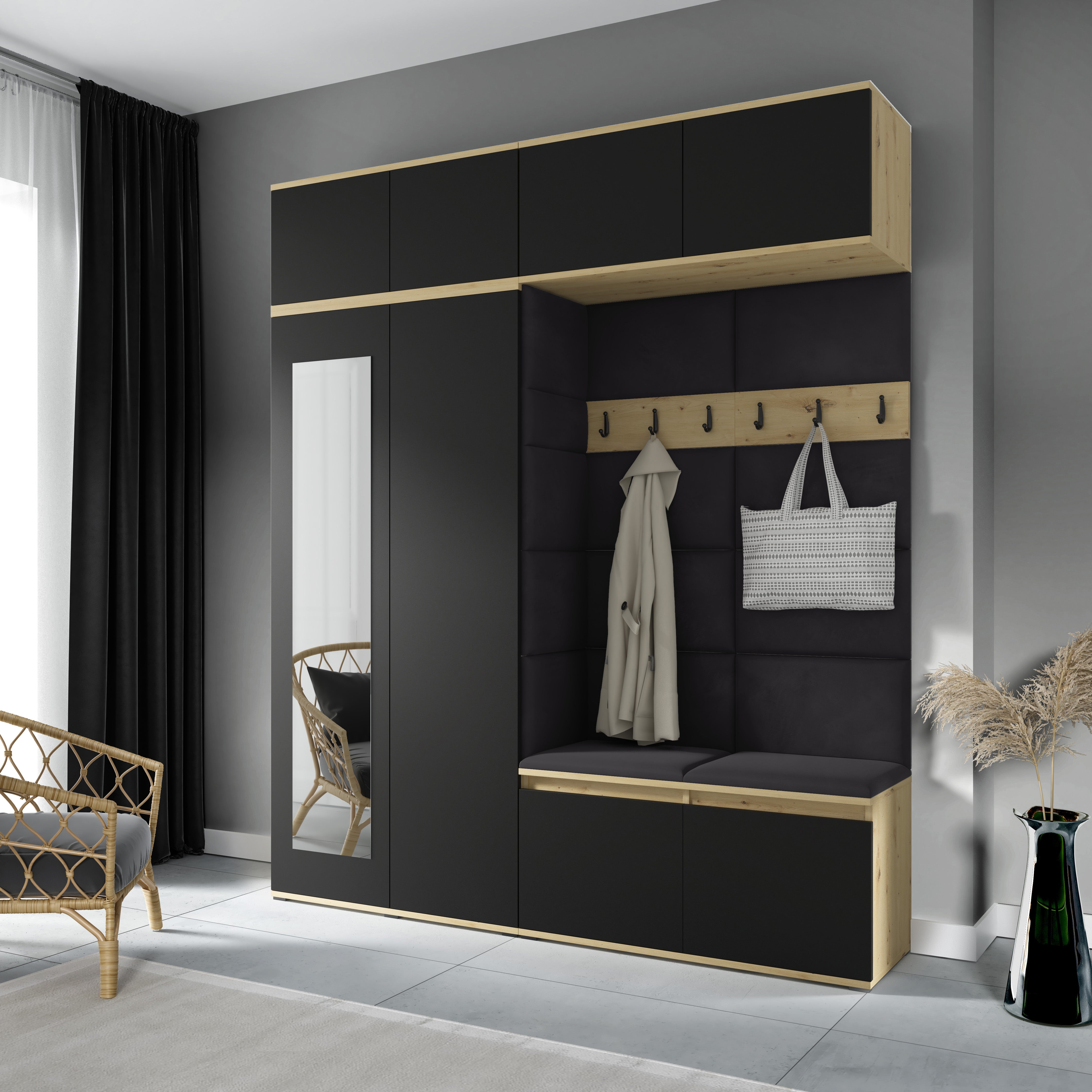 PK Emi 16 Hallway Wardrobe Artisan Oak / Black - Upholstered Panels in Various Colours