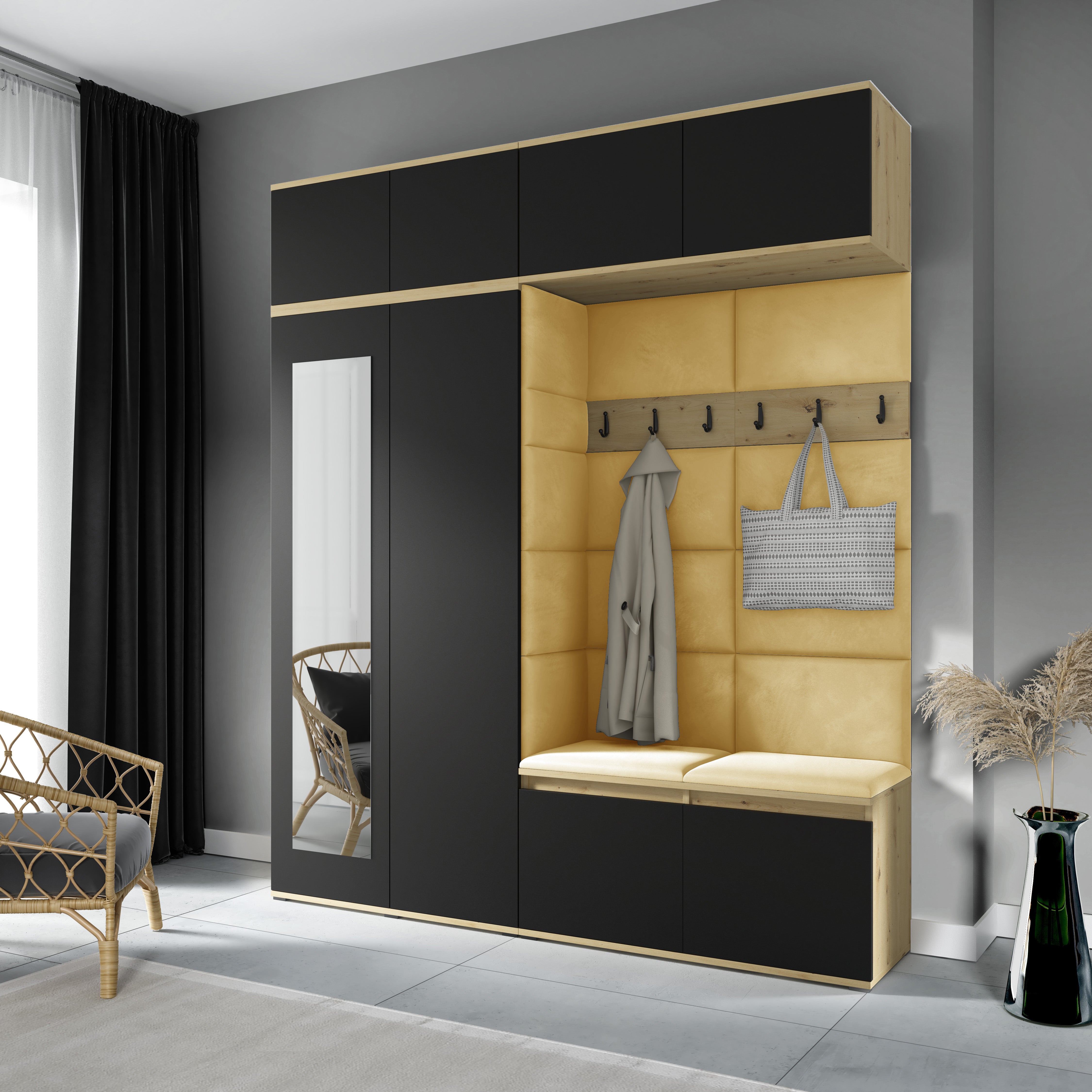 PK Emi 16 Hallway Wardrobe Artisan Oak / Black - Upholstered Panels in Various Colours
