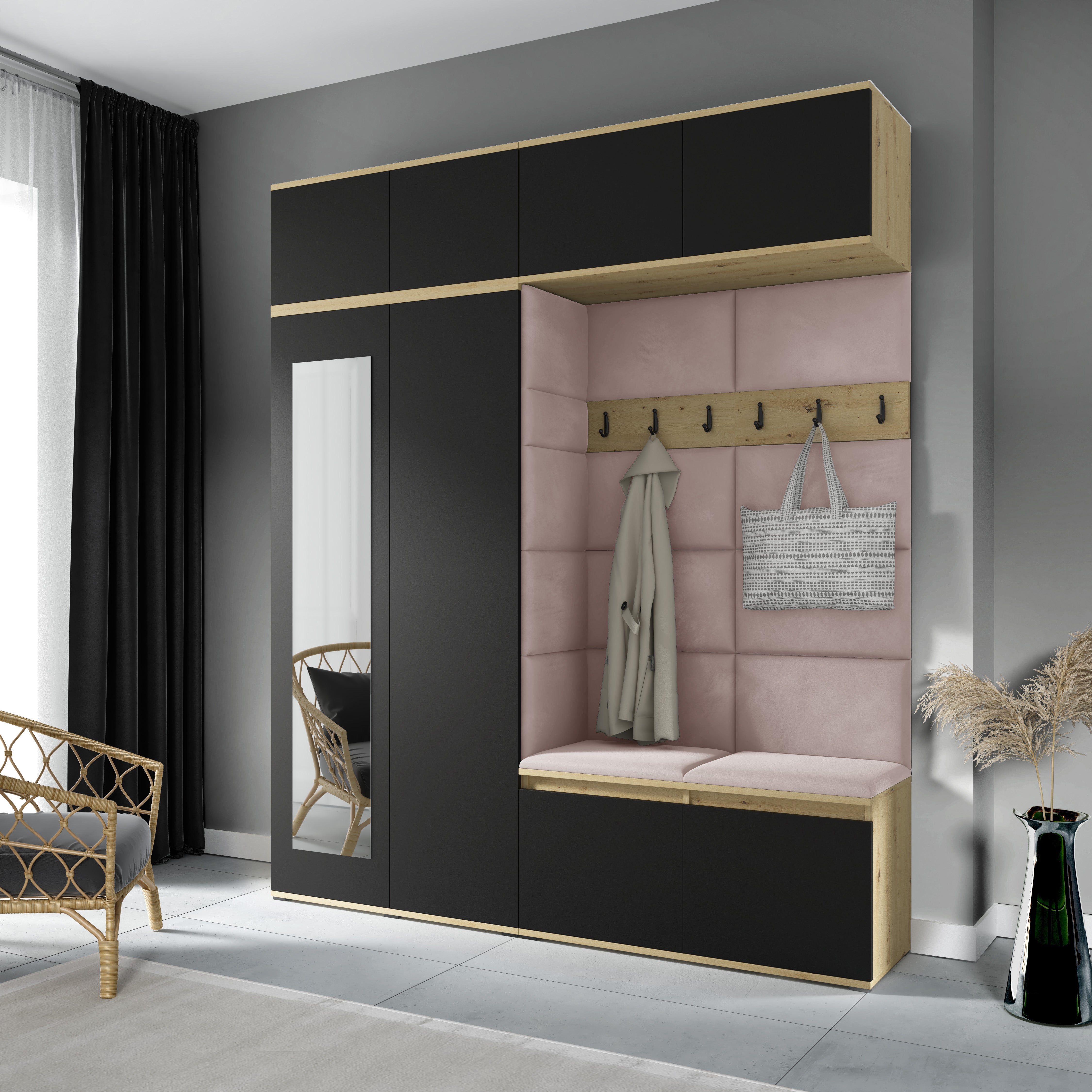 PK Emi 16 Hallway Wardrobe Artisan Oak / Black - Upholstered Panels in Various Colours