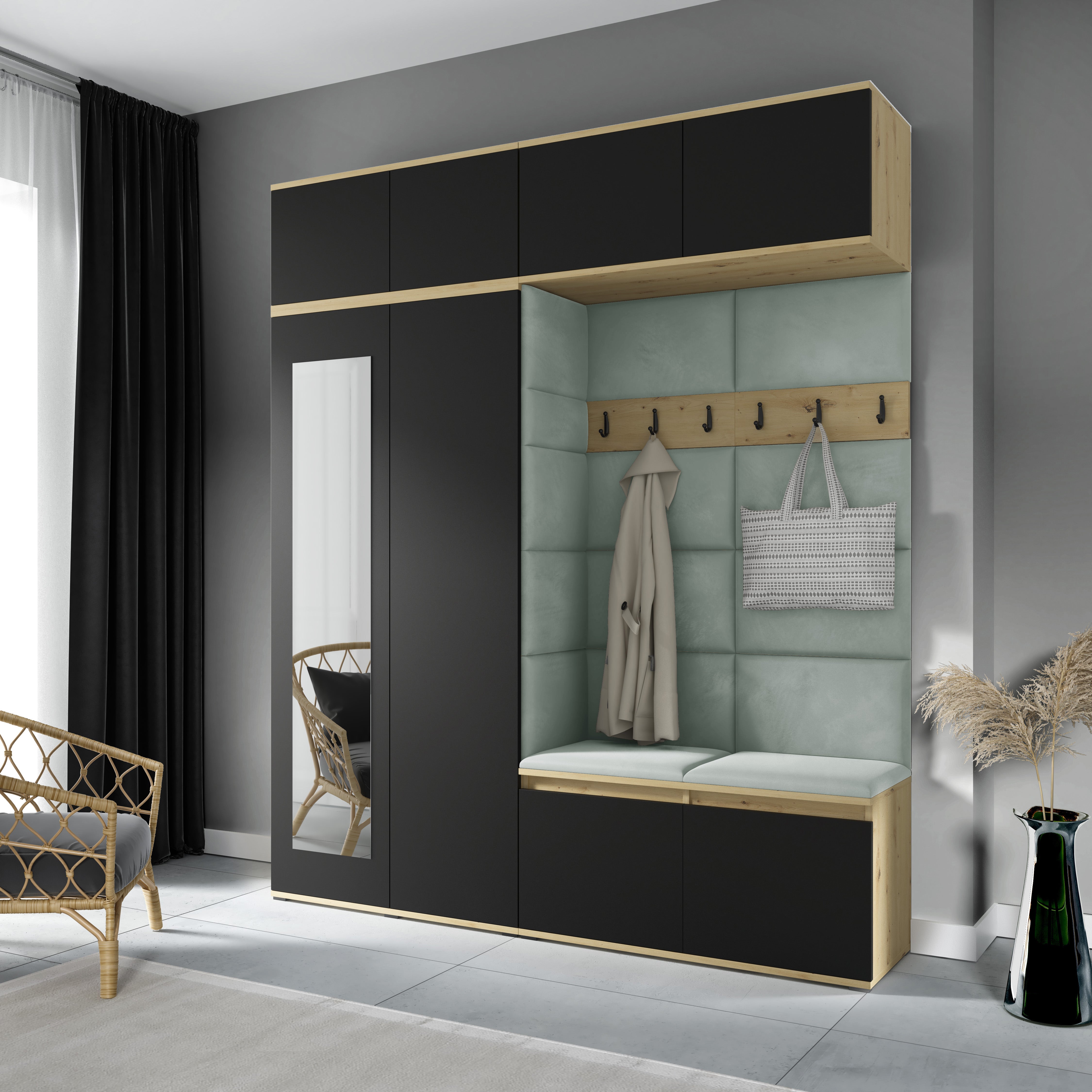 PK Emi 16 Hallway Wardrobe Artisan Oak / Black - Upholstered Panels in Various Colours