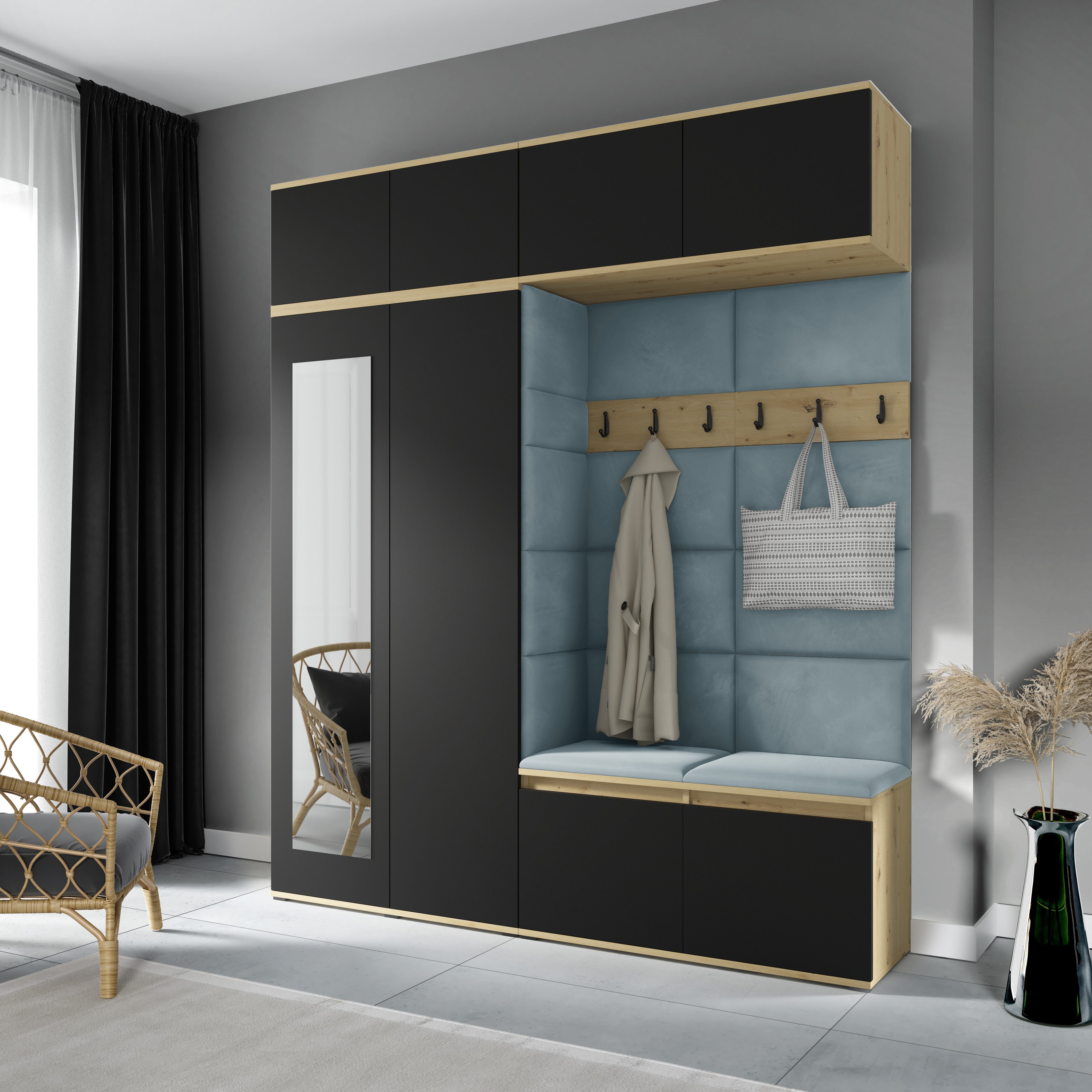 PK Emi 16 Hallway Wardrobe Artisan Oak / Black - Upholstered Panels in Various Colours