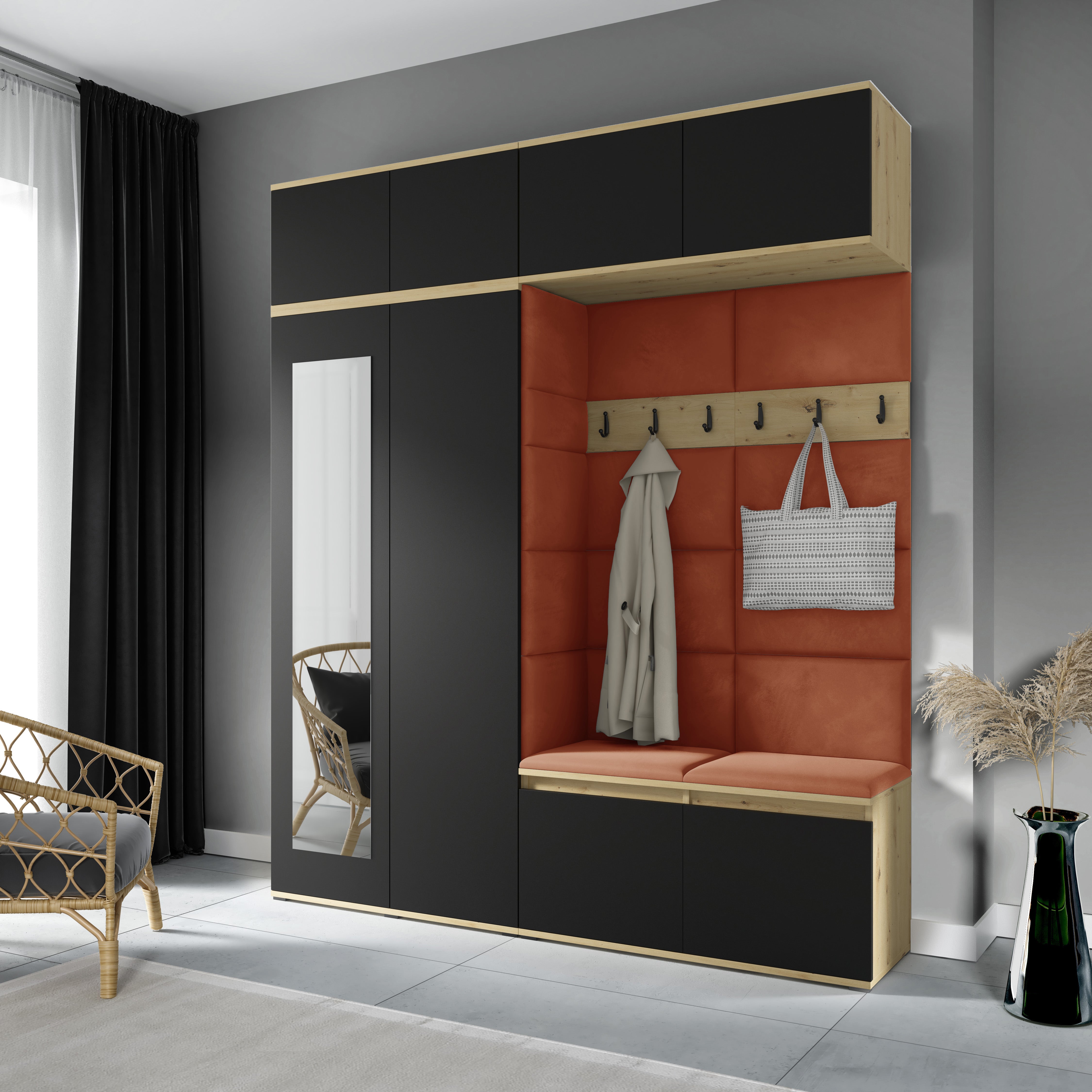 PK Emi 16 Hallway Wardrobe Artisan Oak / Black - Upholstered Panels in Various Colours