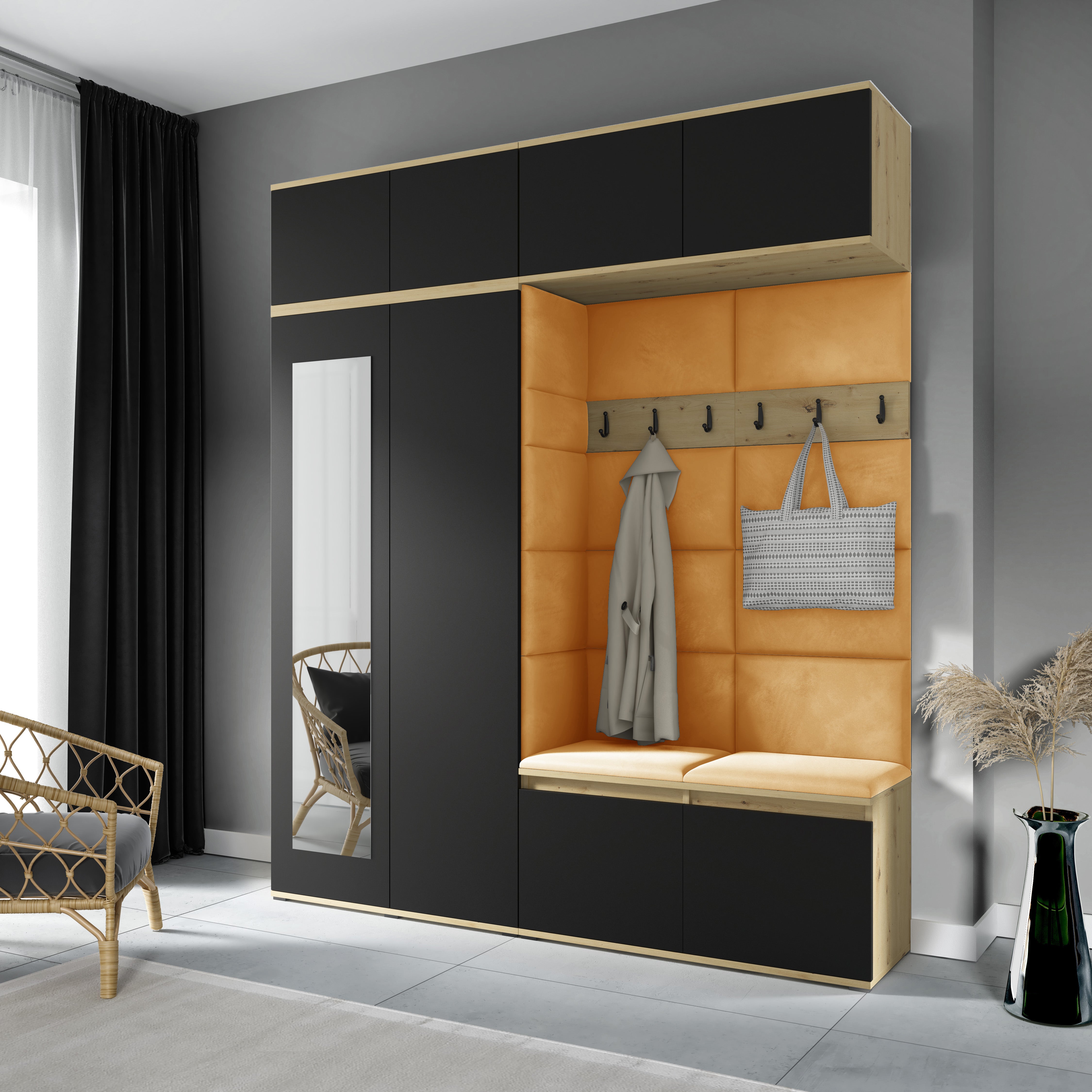 PK Emi 16 Hallway Wardrobe Artisan Oak / Black - Upholstered Panels in Various Colours
