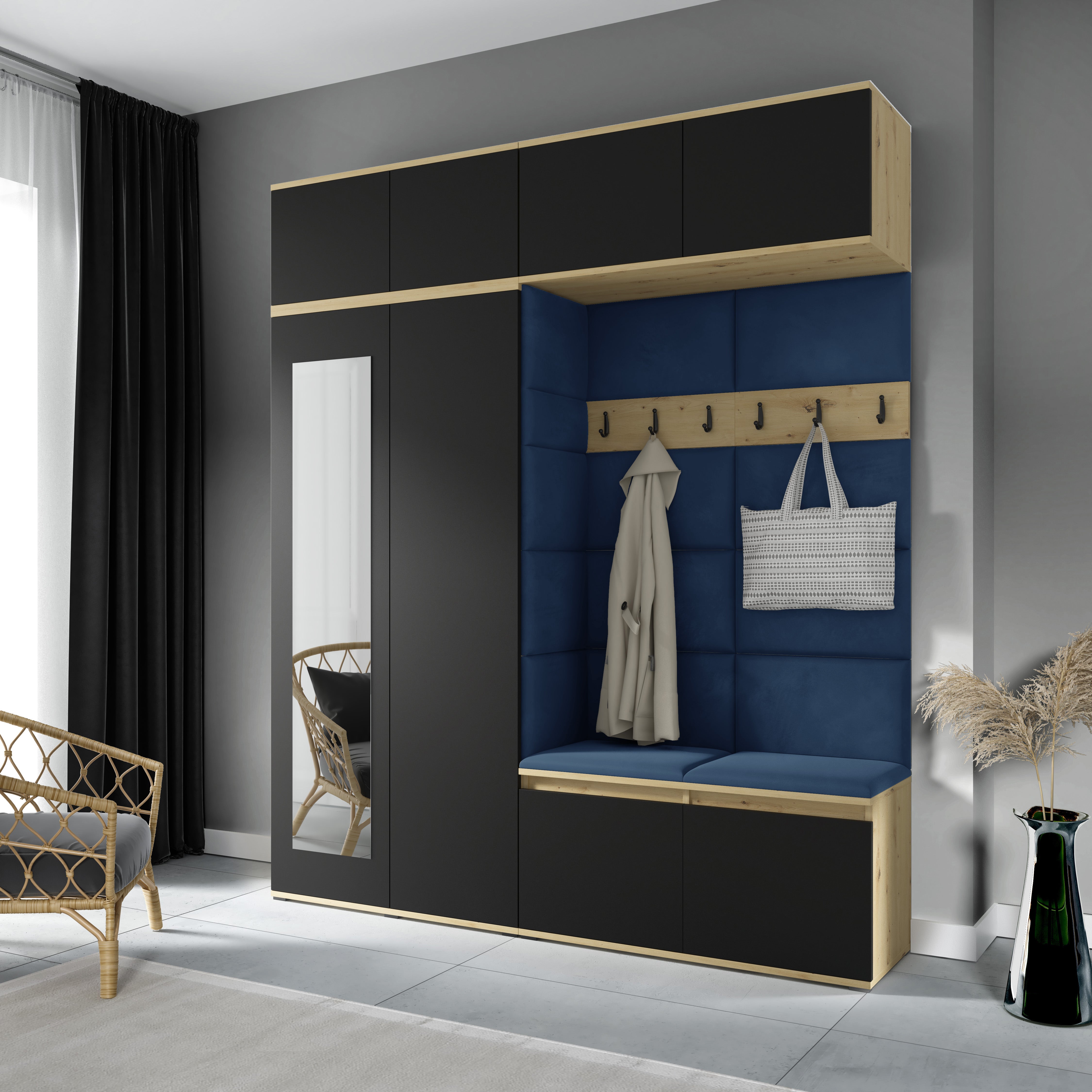 PK Emi 16 Hallway Wardrobe Artisan Oak / Black - Upholstered Panels in Various Colours