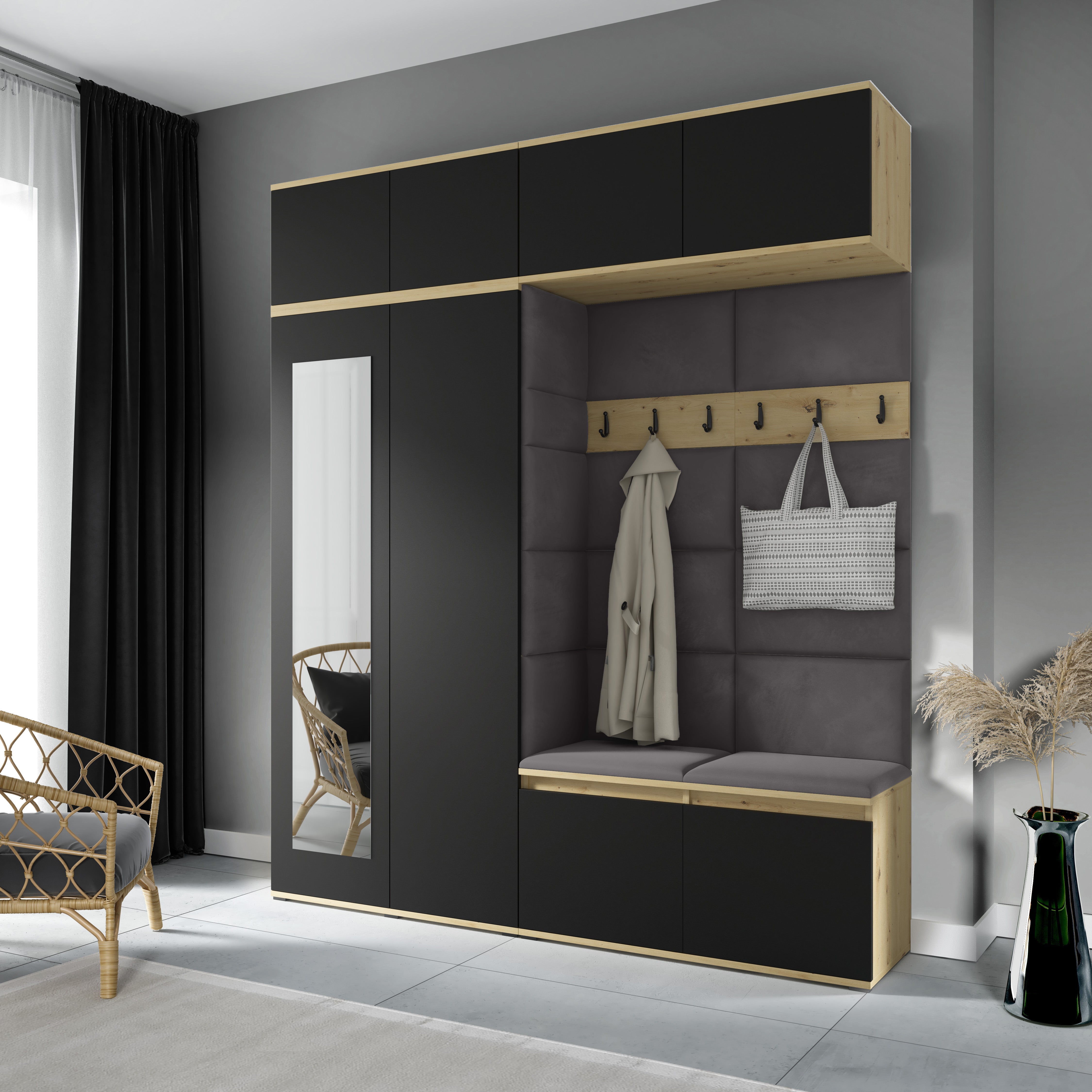 PK Emi 16 Hallway Wardrobe Artisan Oak / Black - Upholstered Panels in Various Colours