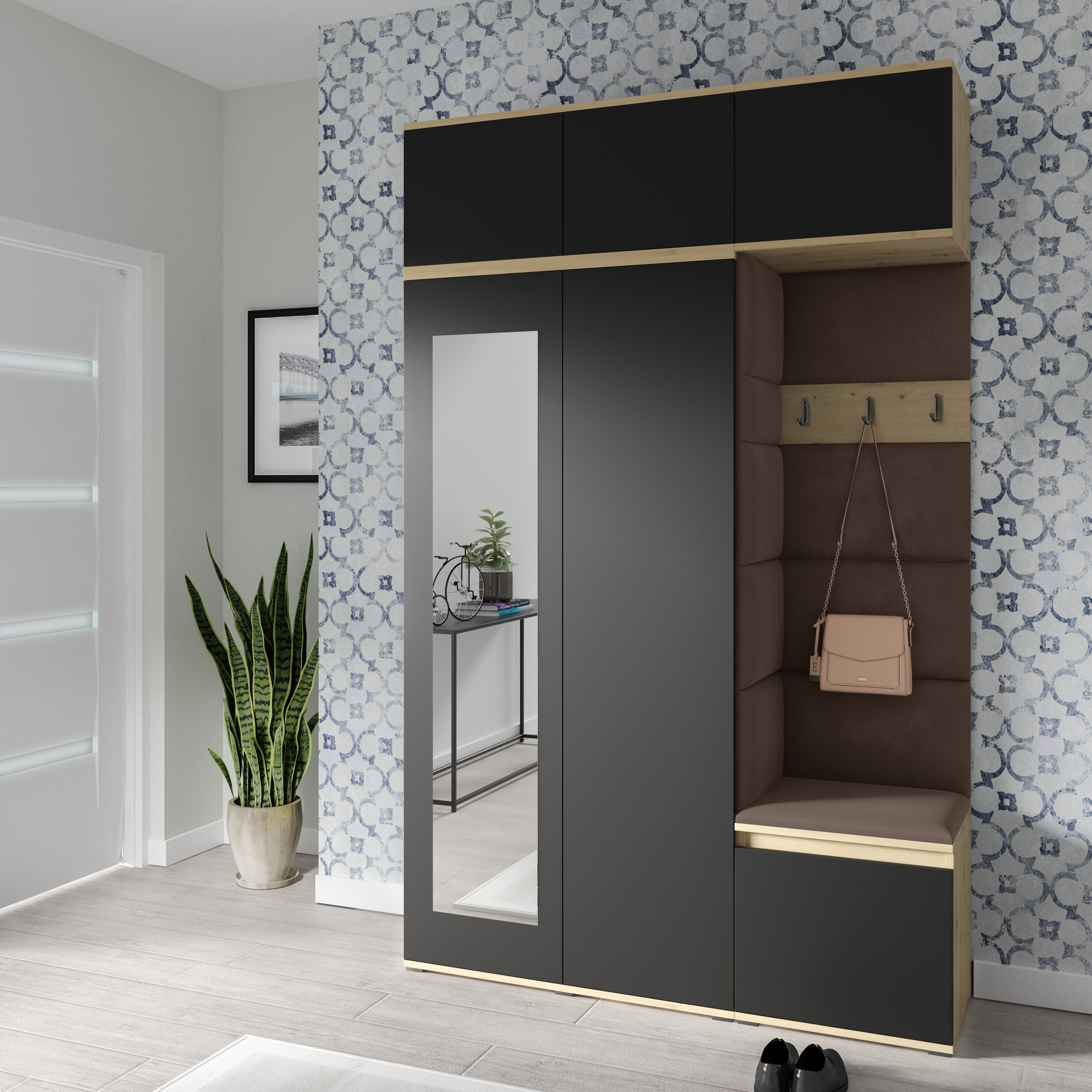 PK Emi 18 Hallway Wardrobe Artisan Oak / Black - Upholstered Panels in Various Colours
